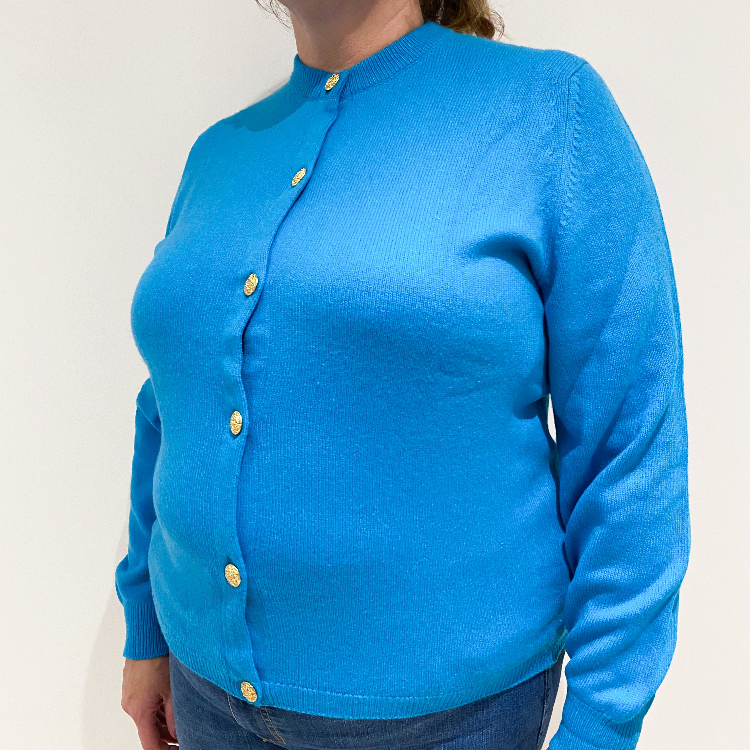 Vintage Turquoise Blue Cashmere Crew Neck Cardigan Extra Large