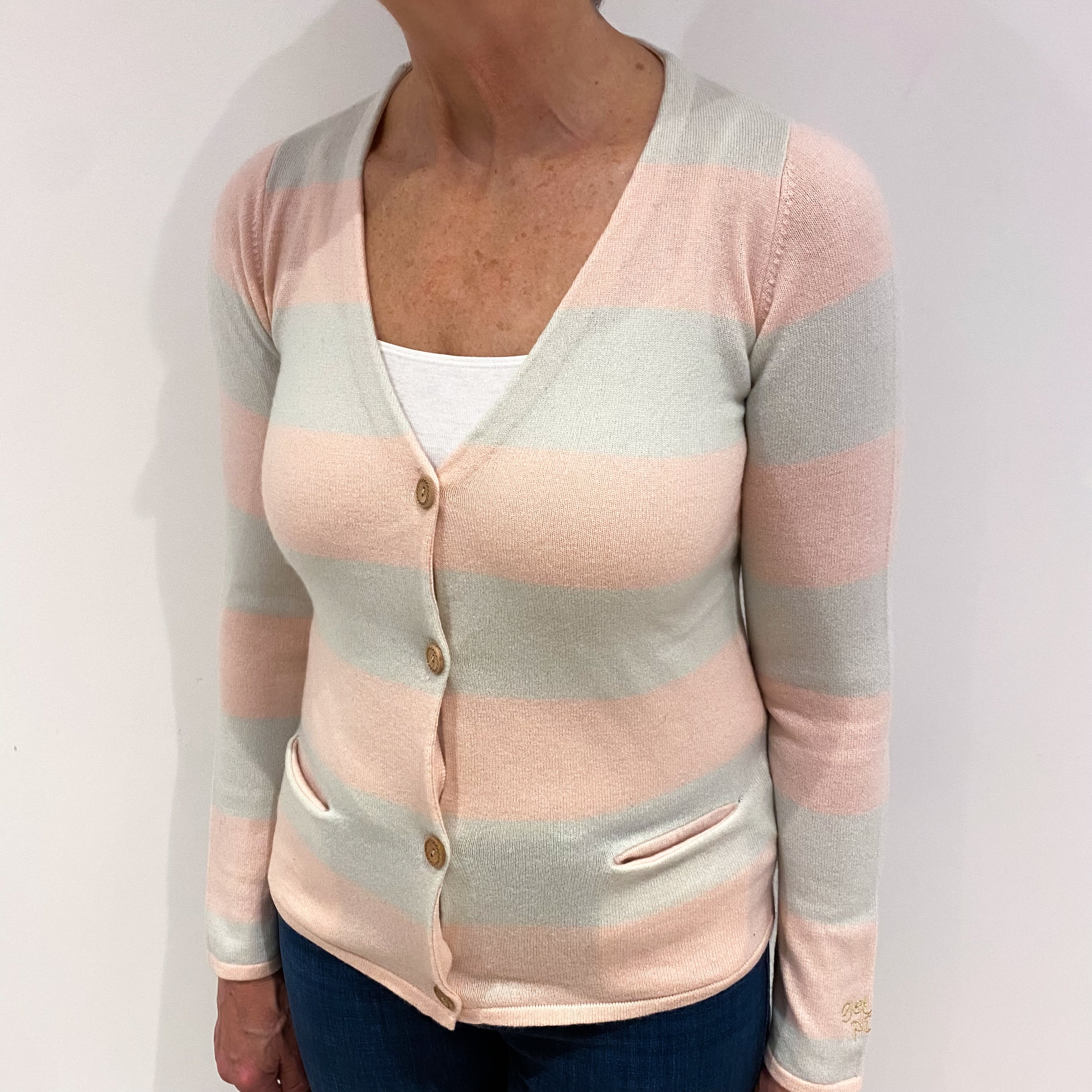 Shell Pink and Palest Mint Stripe Cashmere V Neck Cardigan Medium