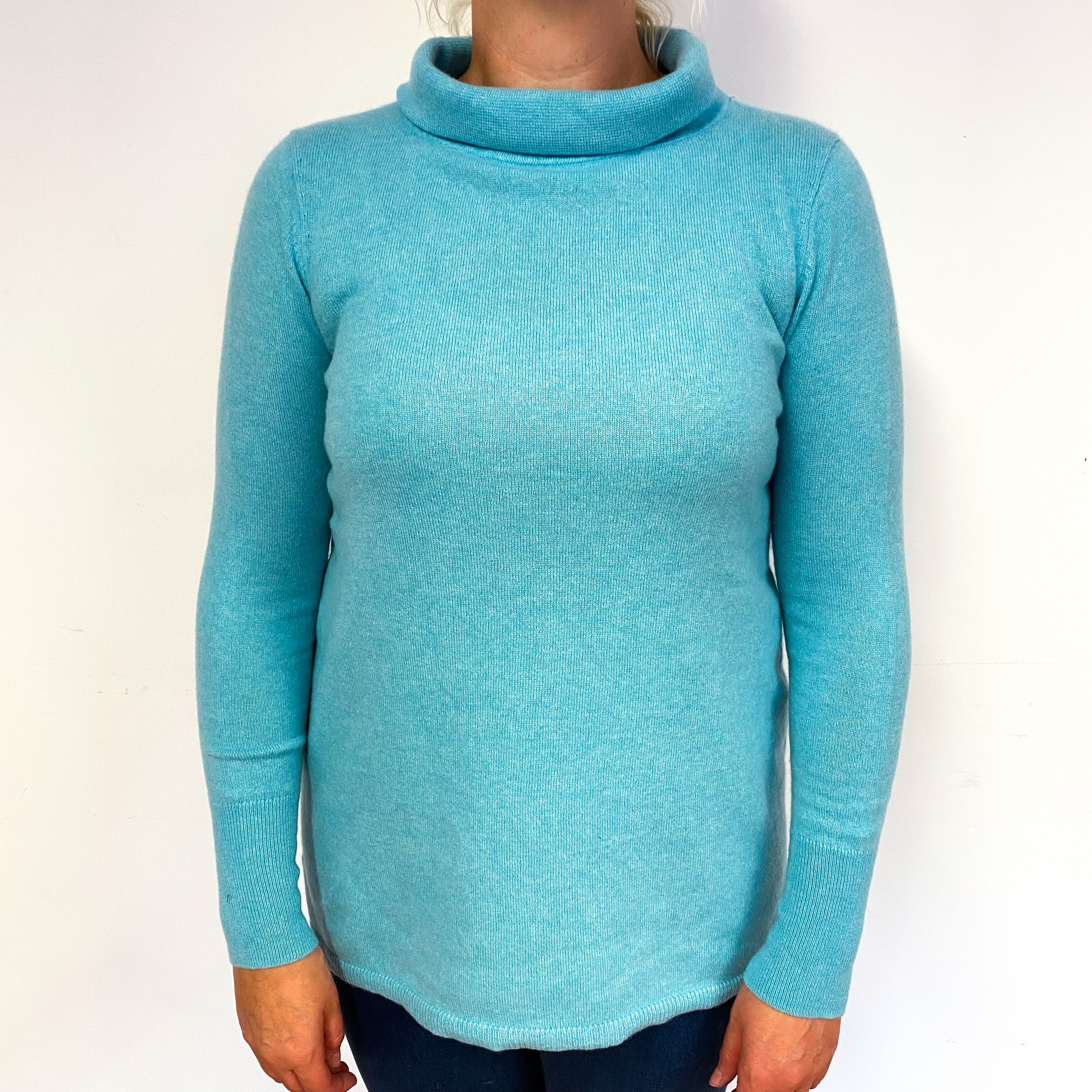 Aqua Green Cashmere Funnel Neck Jumper Large