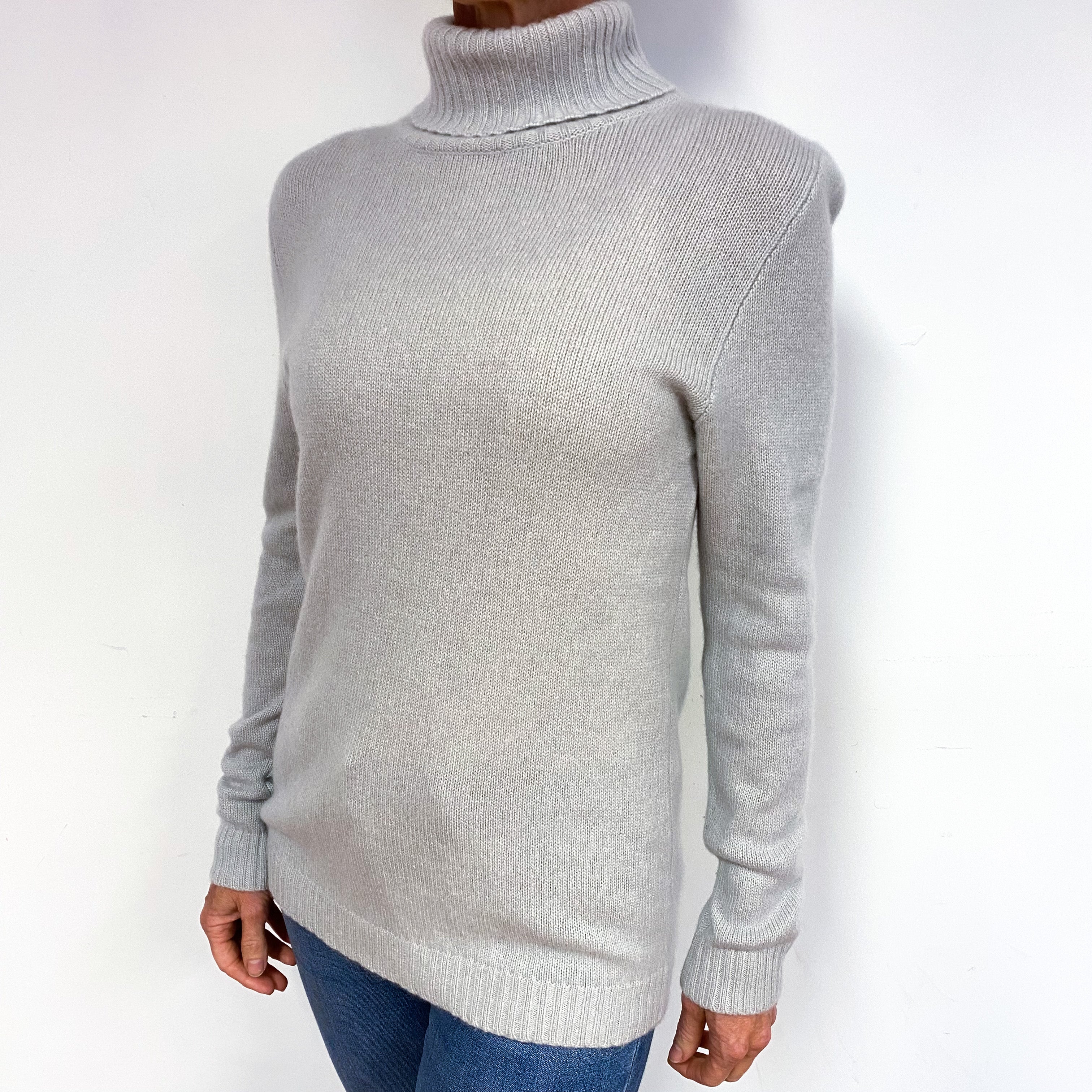 Mist Grey Longline Cashmere Polo Neck Jumper Medium