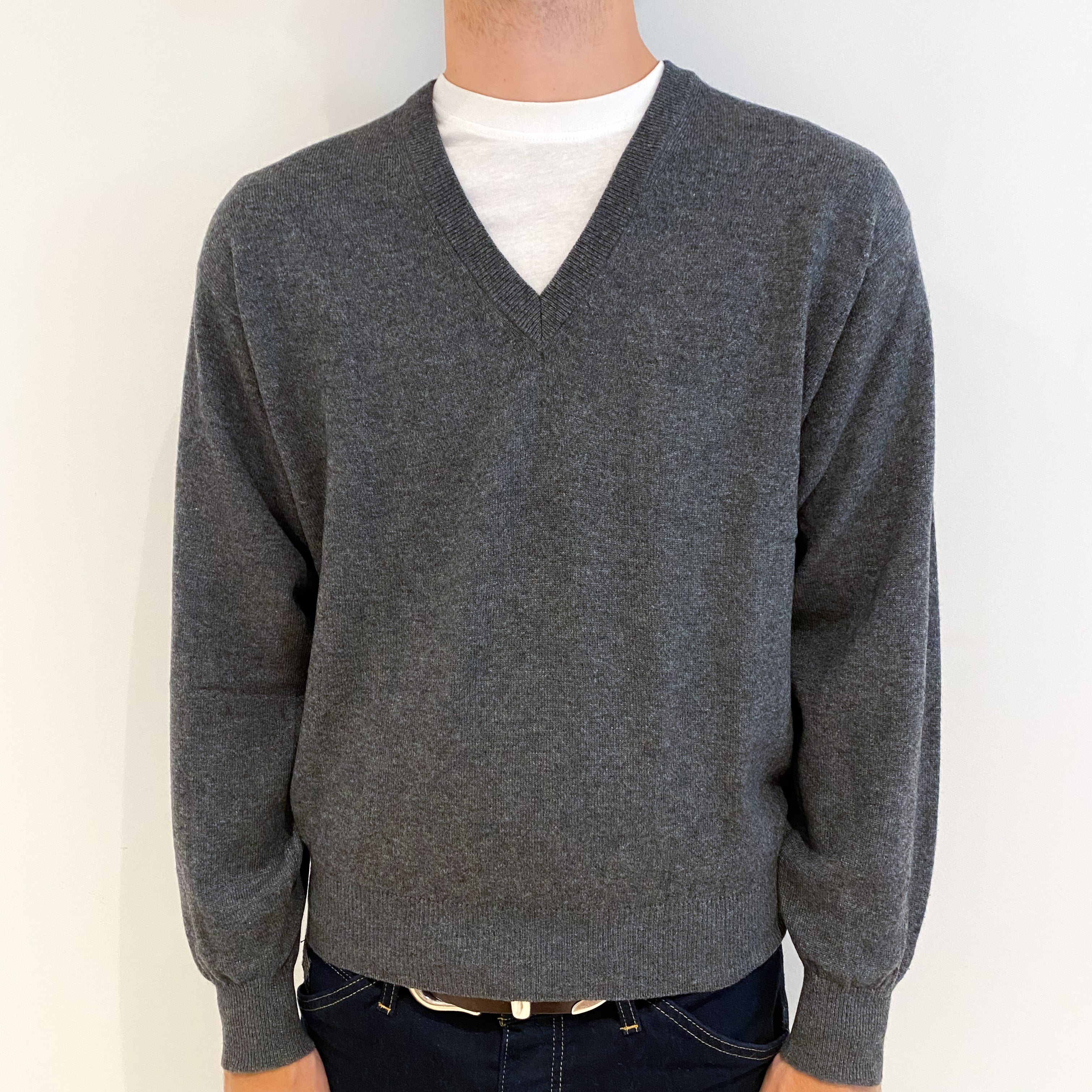 Men's Slate Grey Cashmere V-Neck Jumper Medium