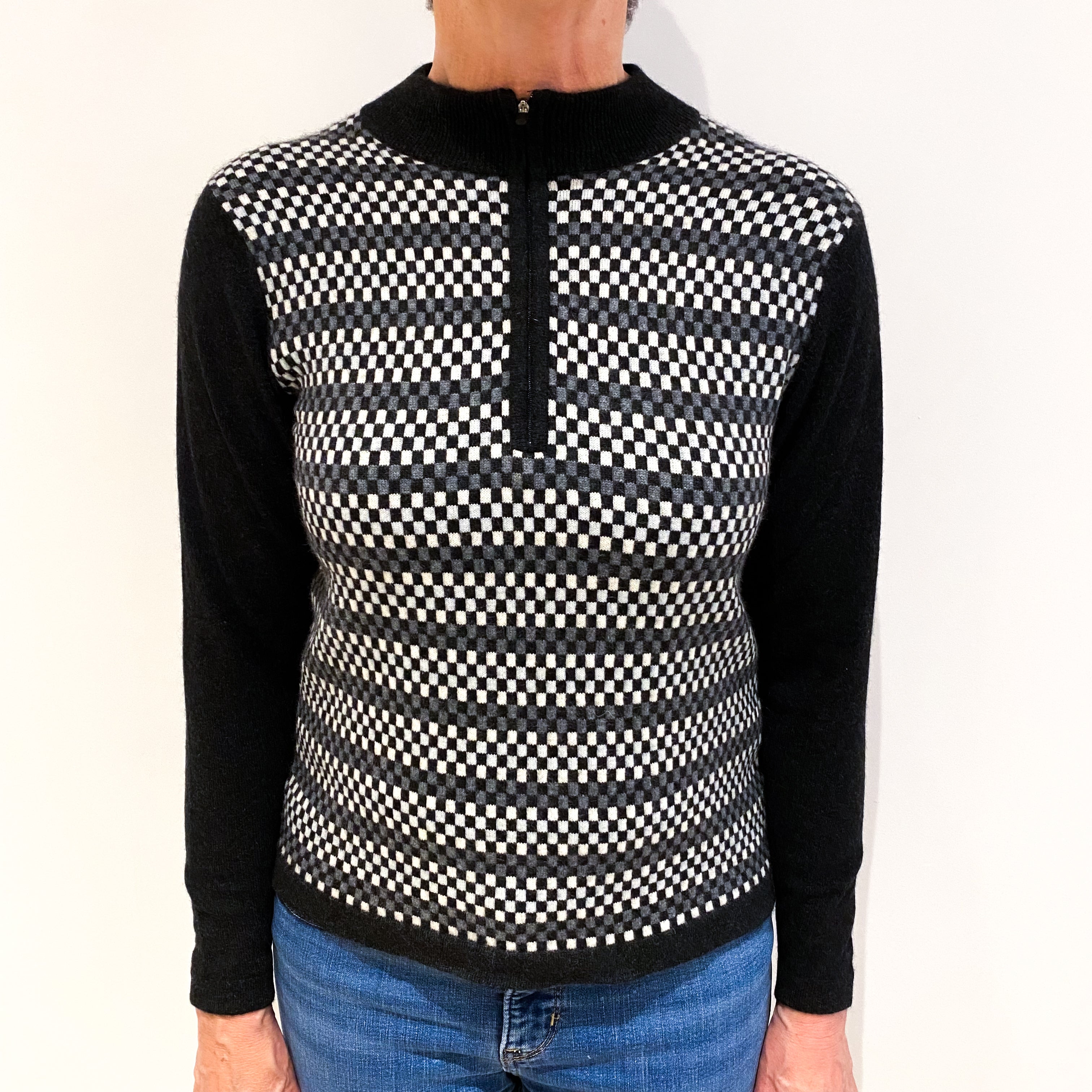Black and Grey Checkerboard Cashmere 3/4 Zip Funnel Neck Jumper Medium