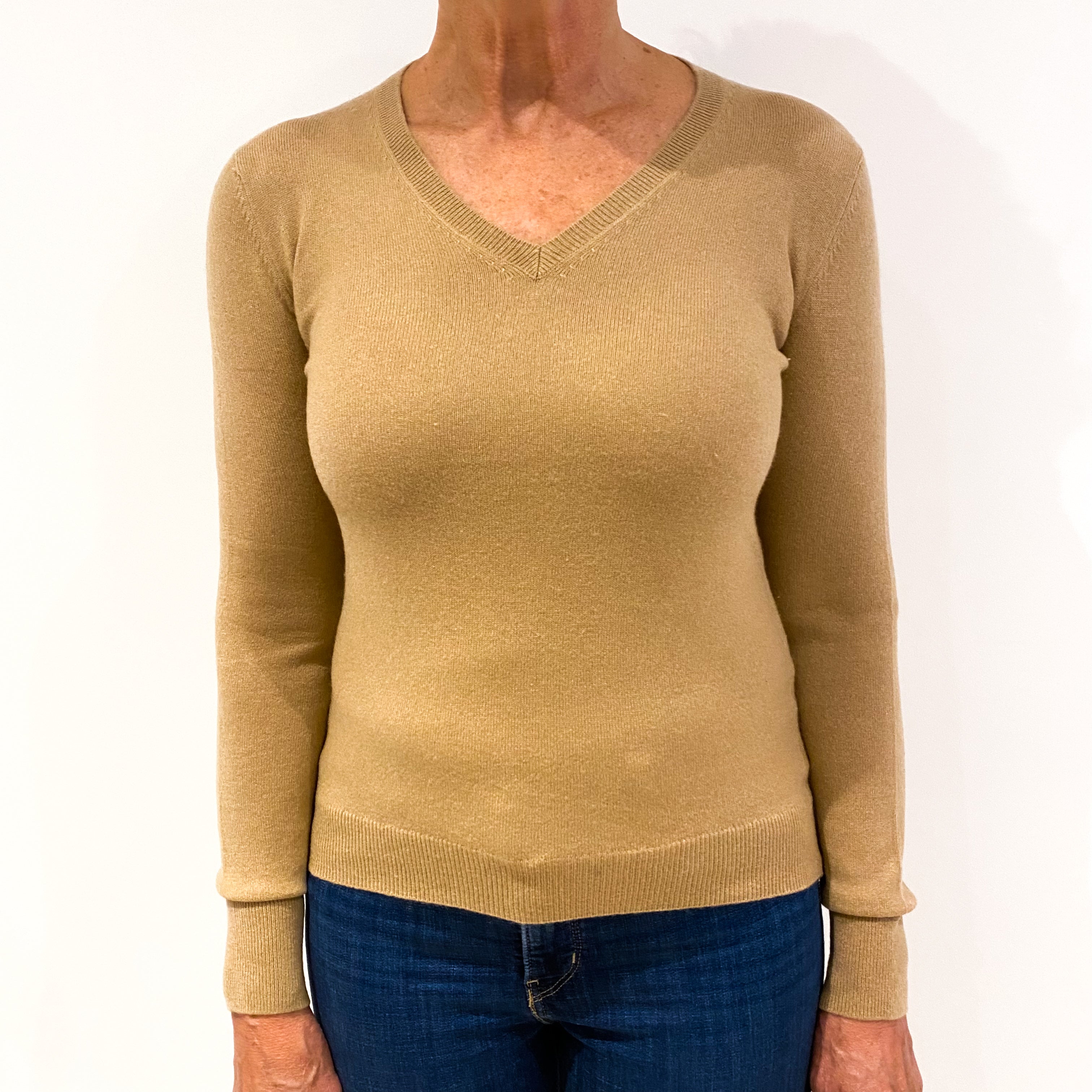 Camel Brown Cashmere V-Neck Jumper Medium