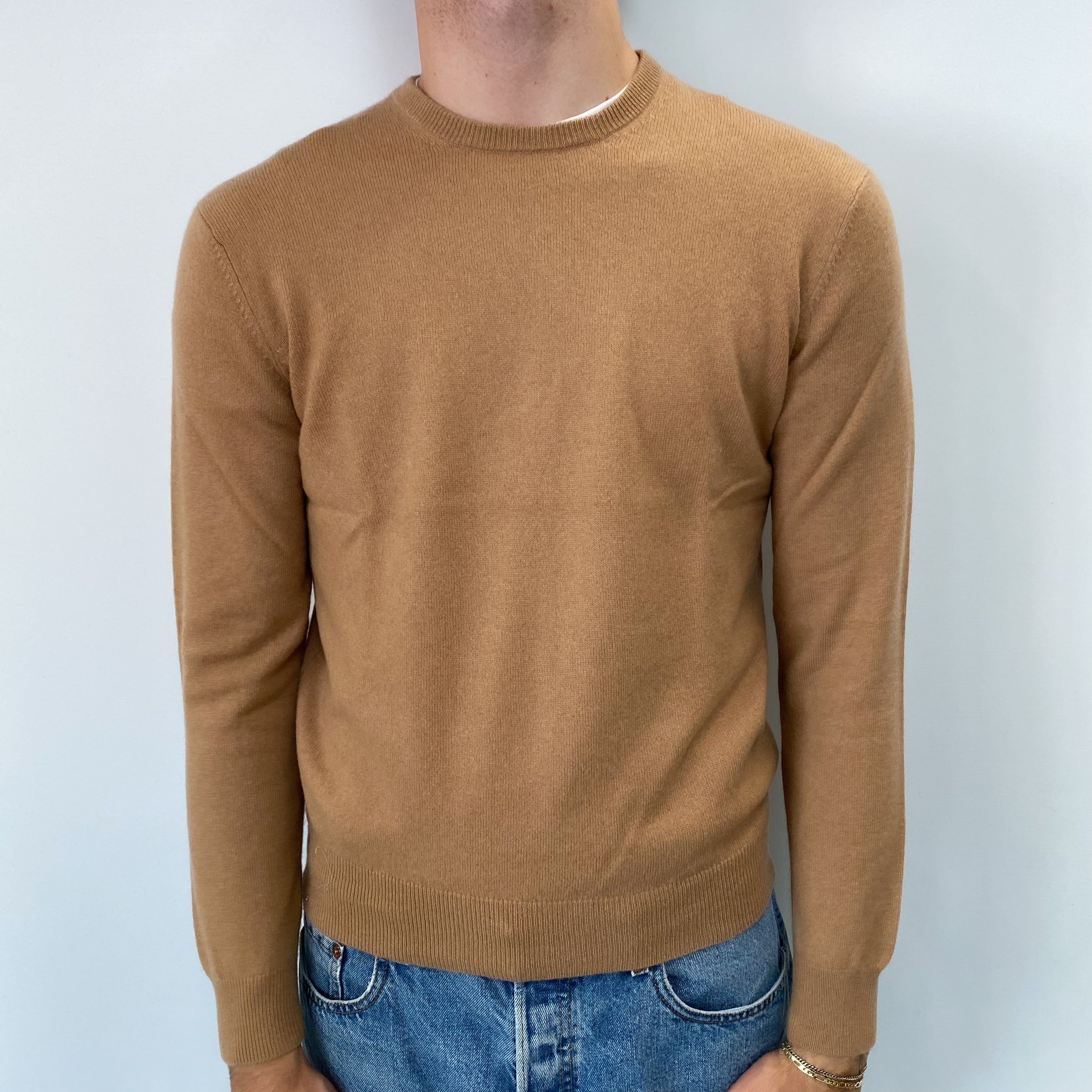 Men's Camel Brown Cashmere Crew Neck Jumper Medium
