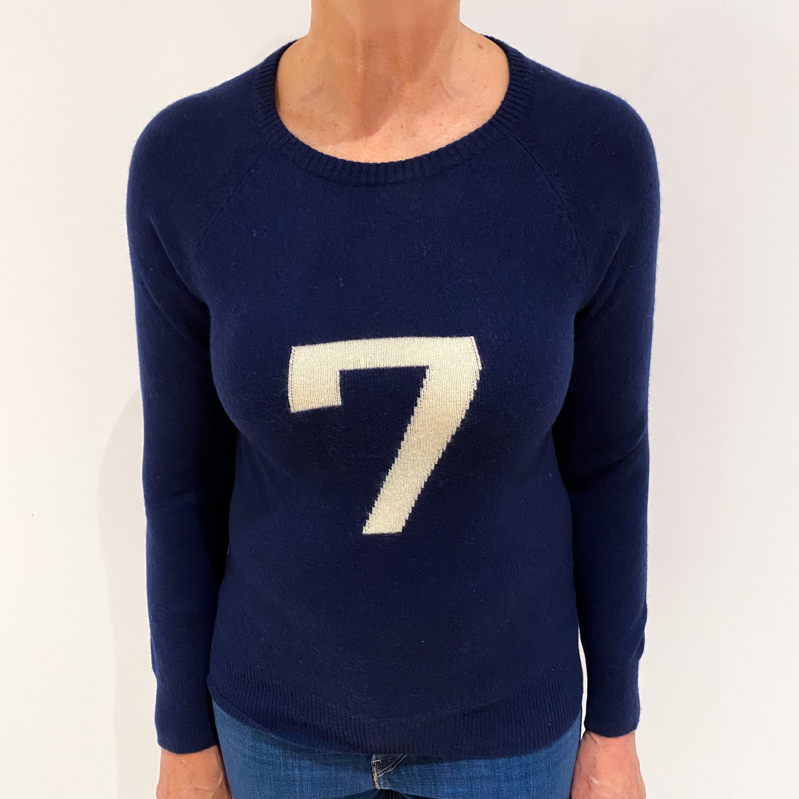 Navy Blue and Cream No.7 Cashmere Crew Neck Slim Fit Jumper Medium