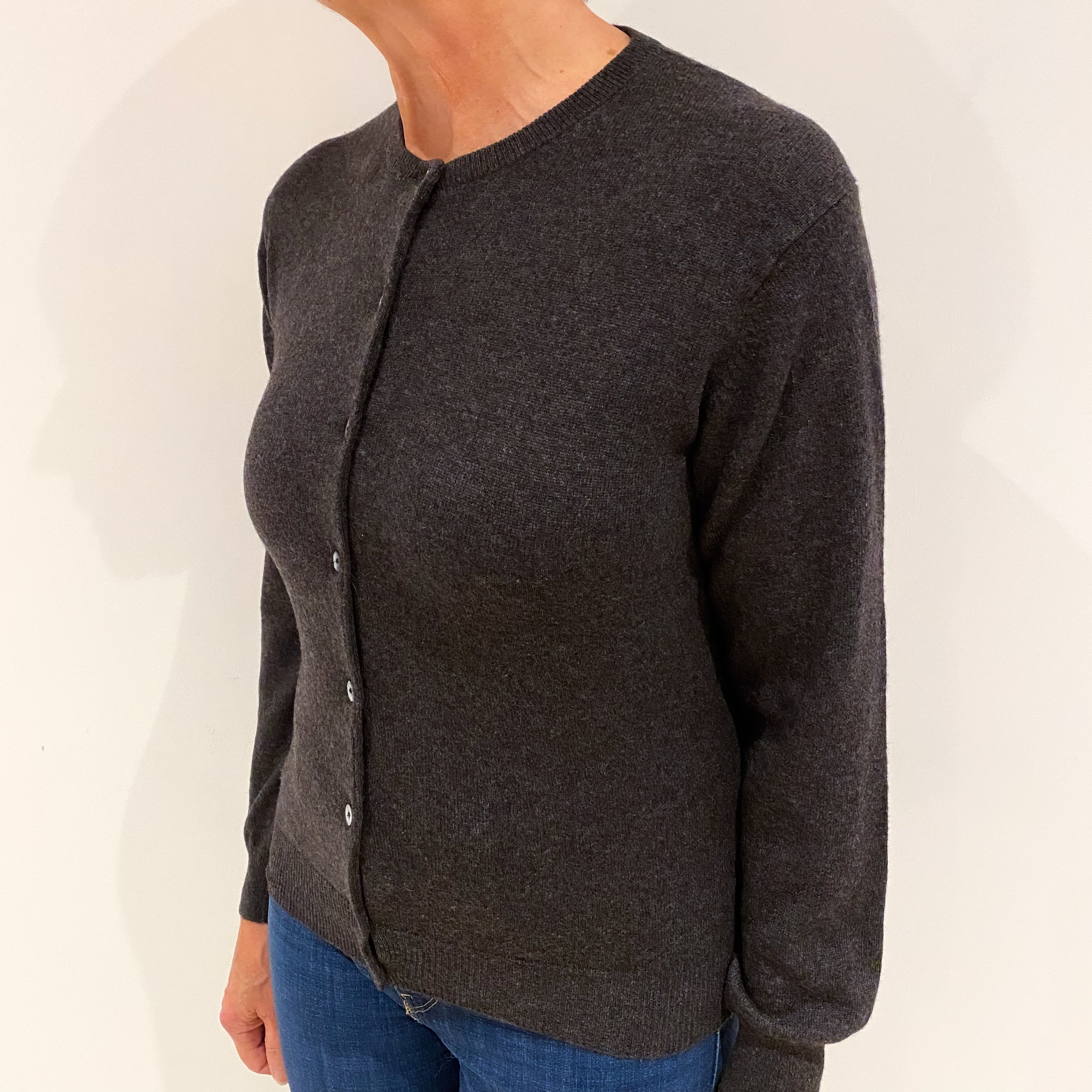 Charcoal Grey Cashmere Crew Neck Cardigan Medium