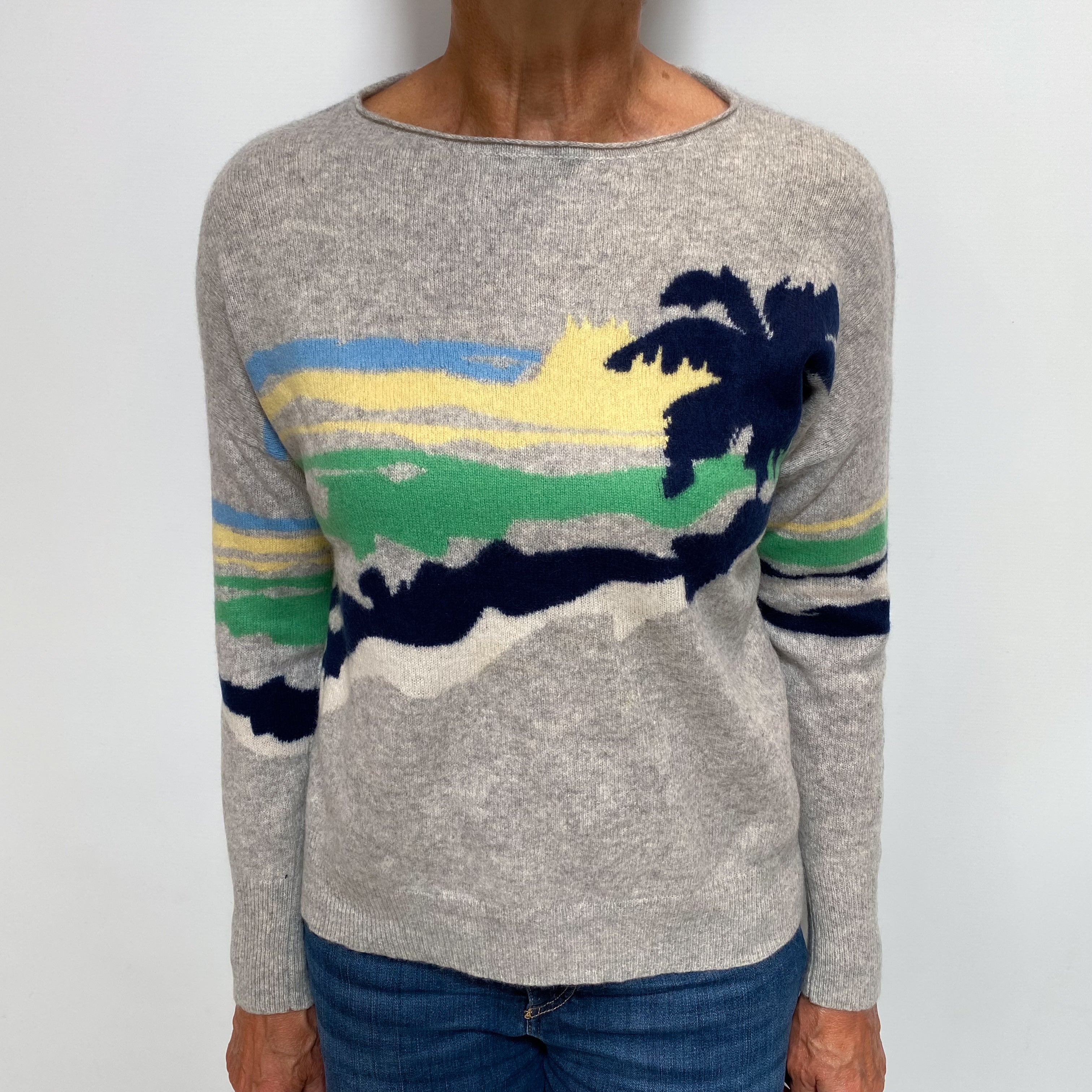 Grey Beach Scene Cashmere Boat Neck Jumper Medium