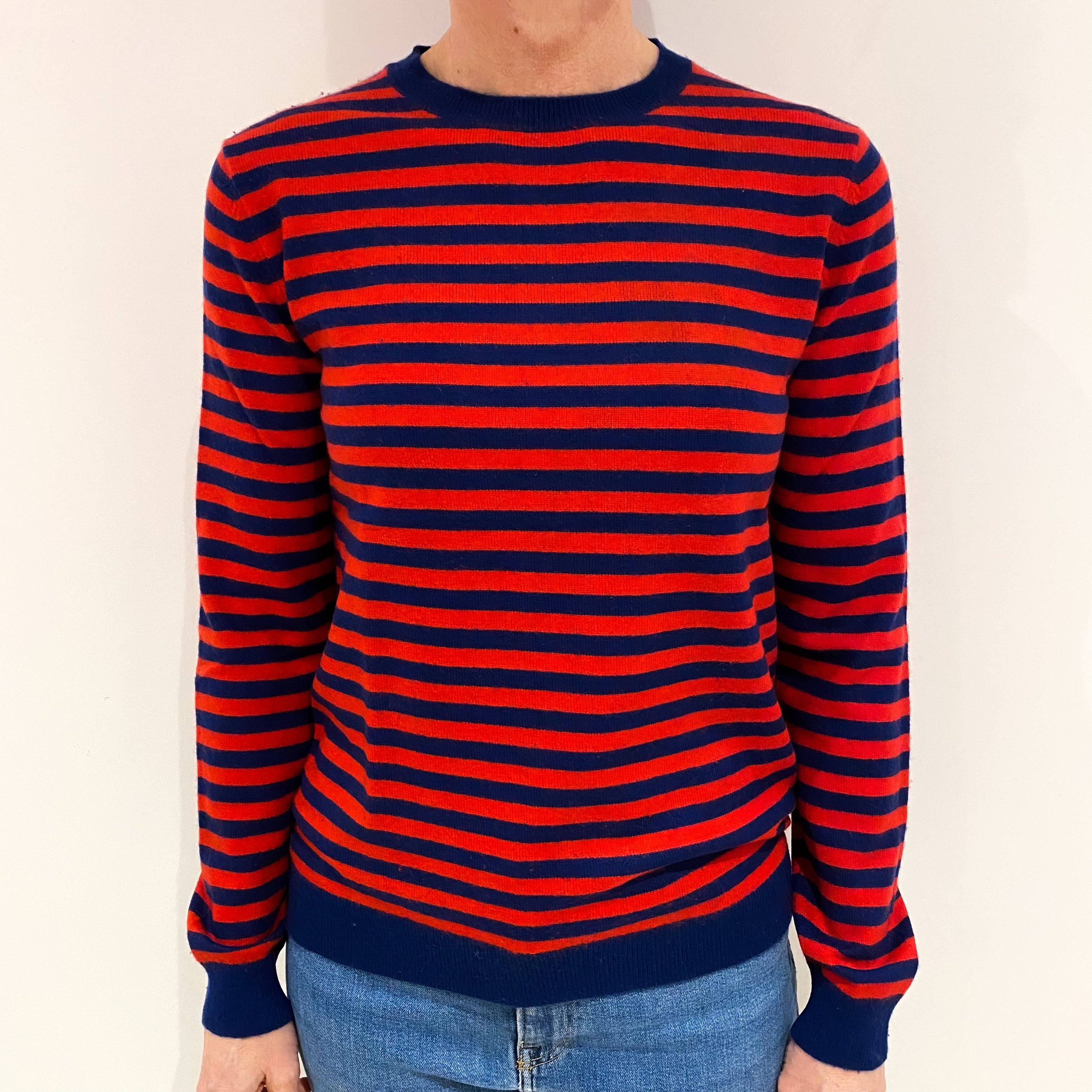 Navy Scarlet Red Stripe Cashmere Crew Neck Jumper Small