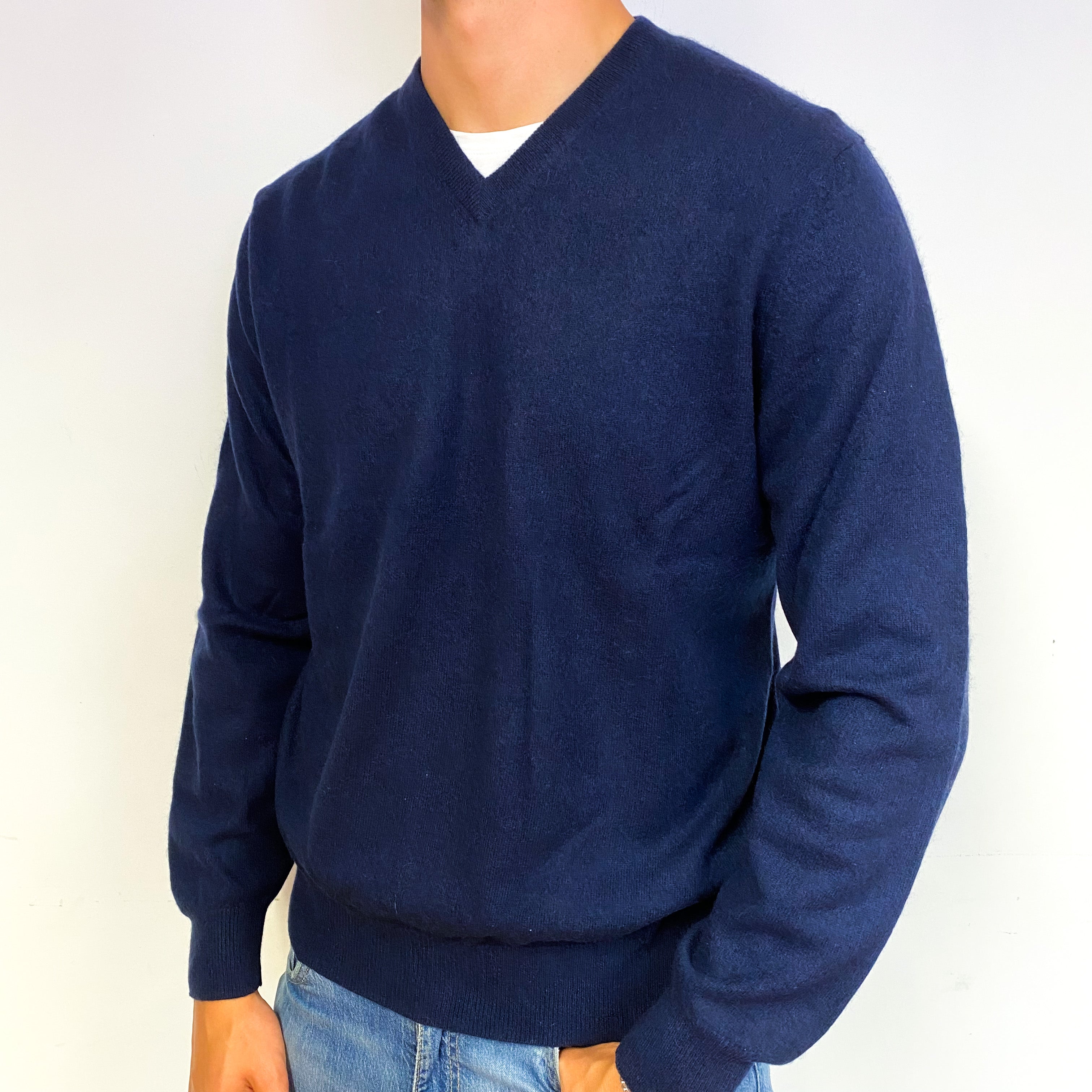 Men's Navy Blue Cashmere V-Neck Jumper Extra Large