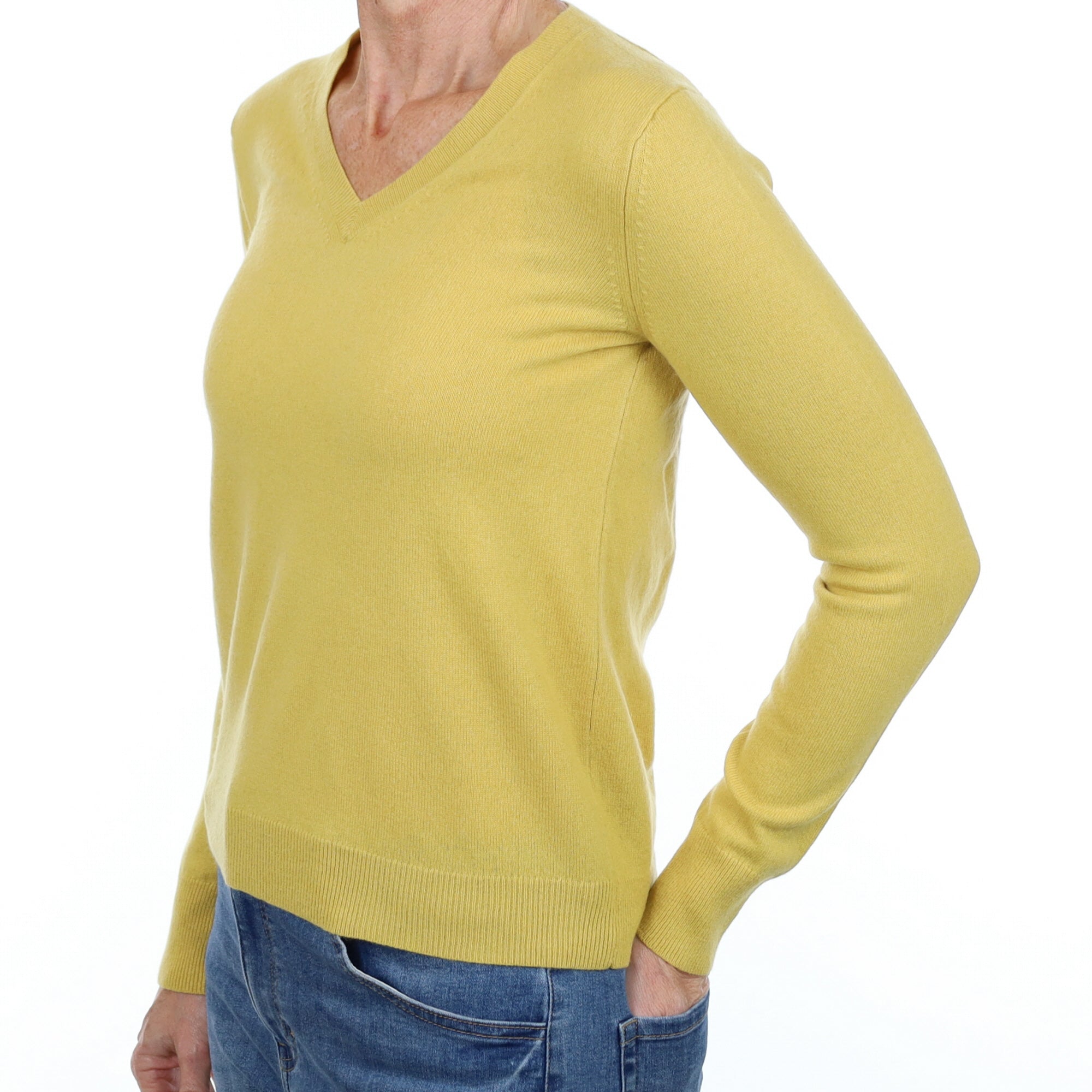 Flaxen Yellow Cashmere V Neck Jumper Small
