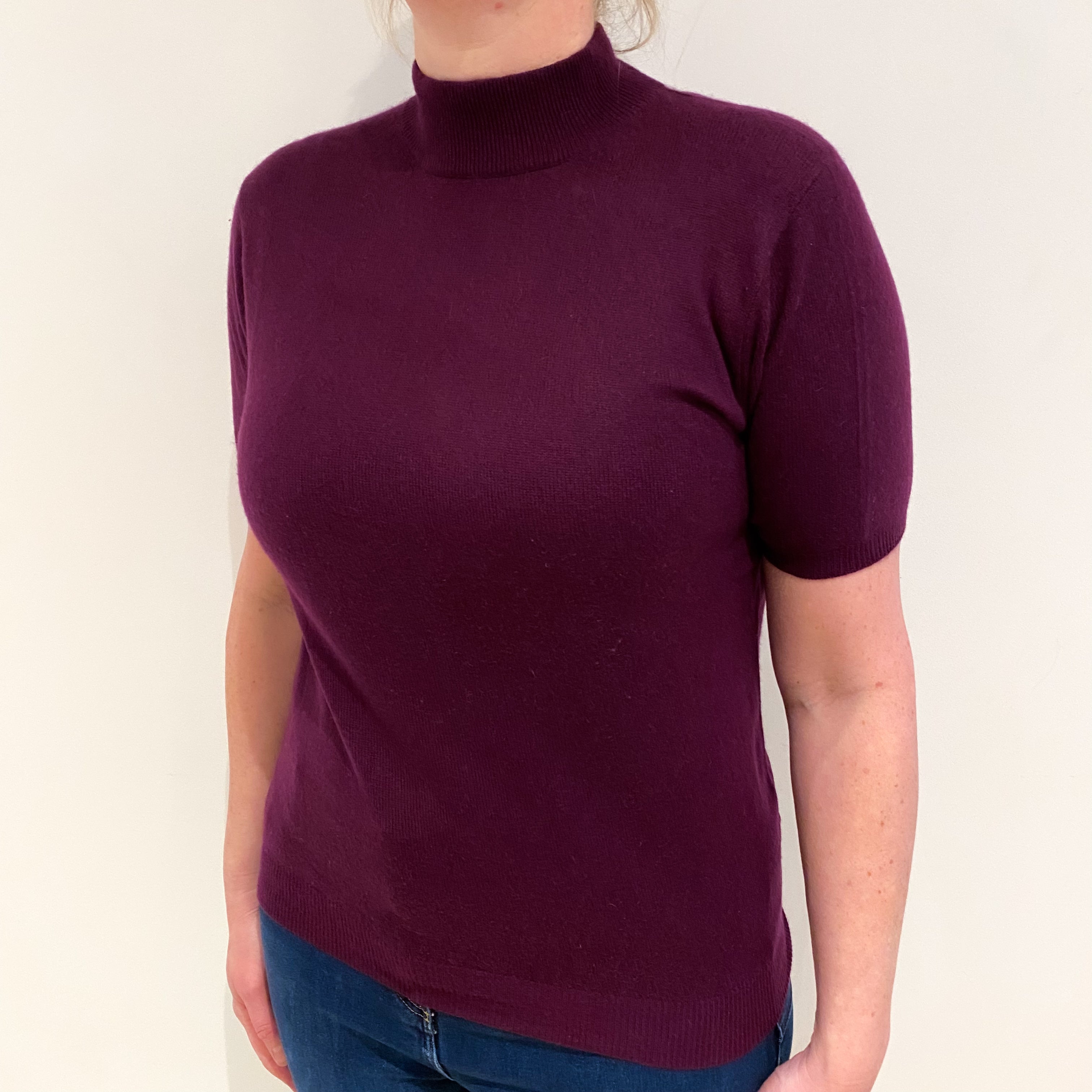 Aubergine Purple Cashmere Short Sleeved Turtle Neck Jumper Large