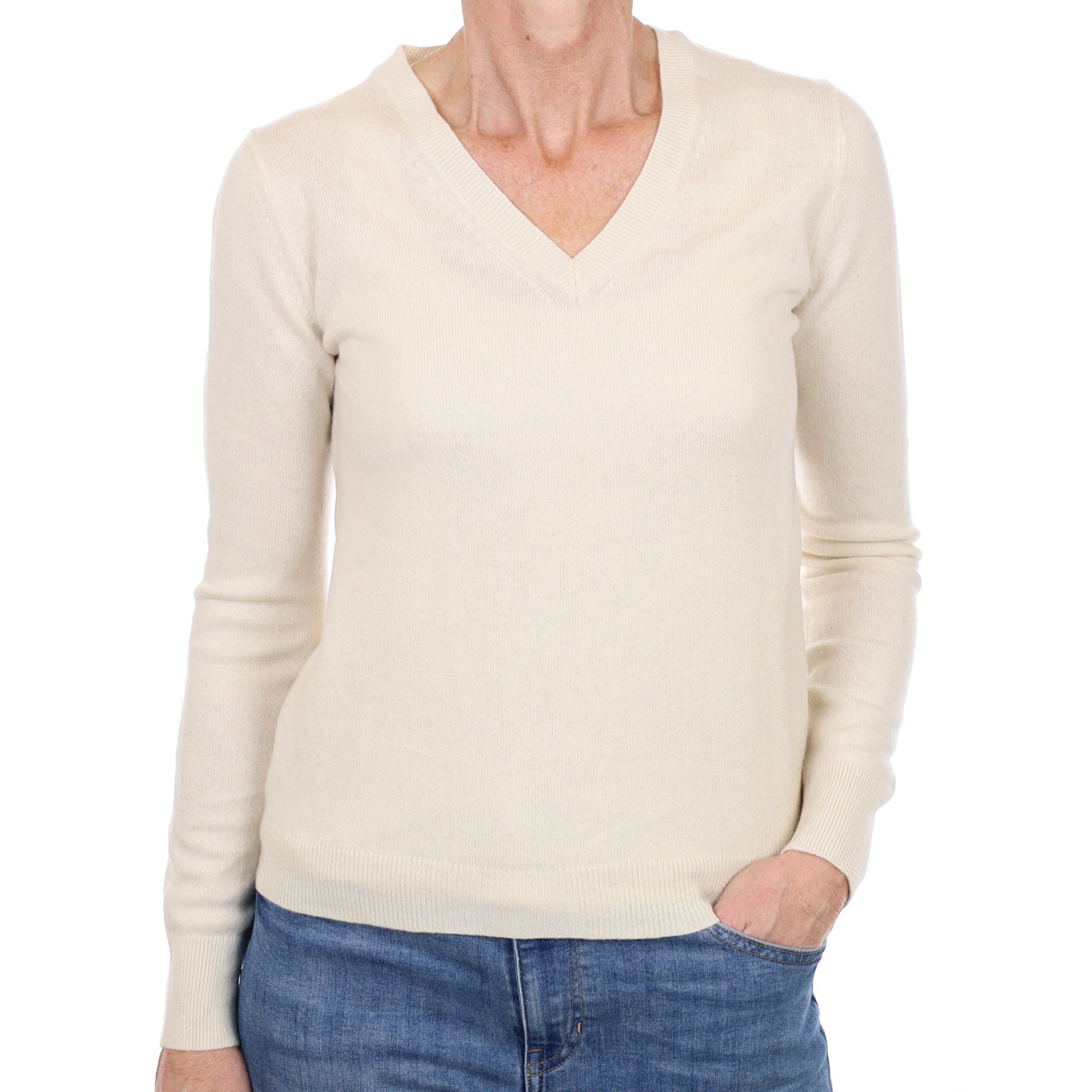 Vanilla Cream Cashmere V Neck Jumper Small