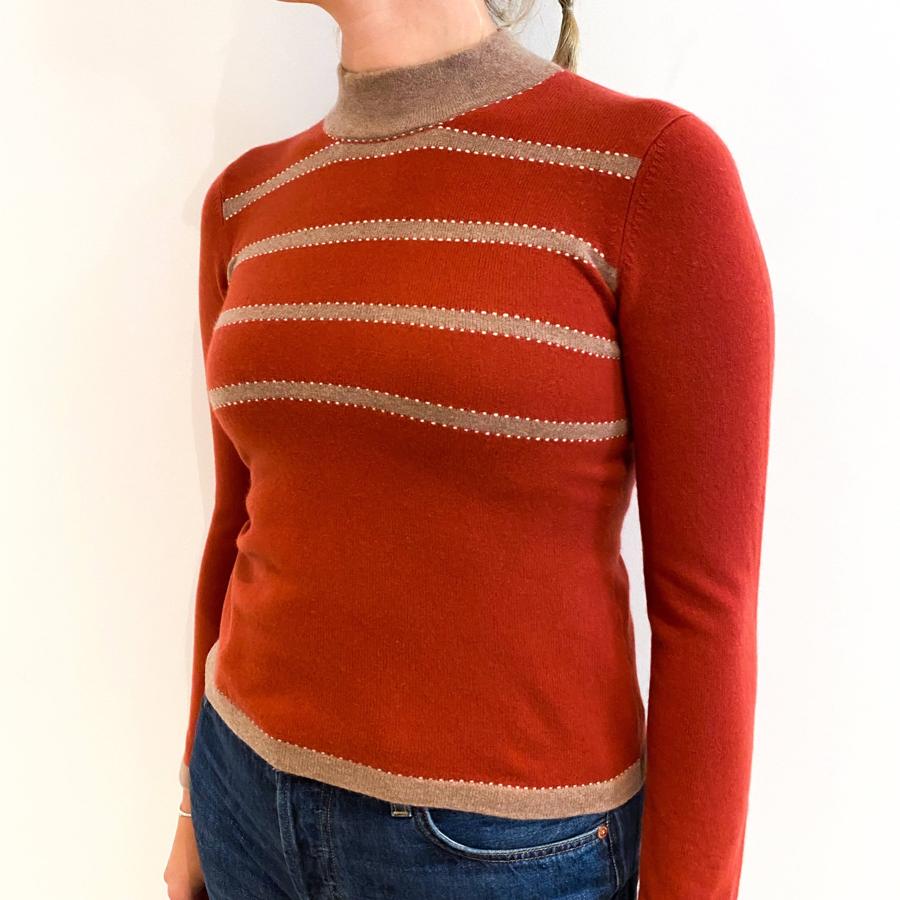 Rust and Caramel Stripe Cashmere Turtle Neck Jumper Small