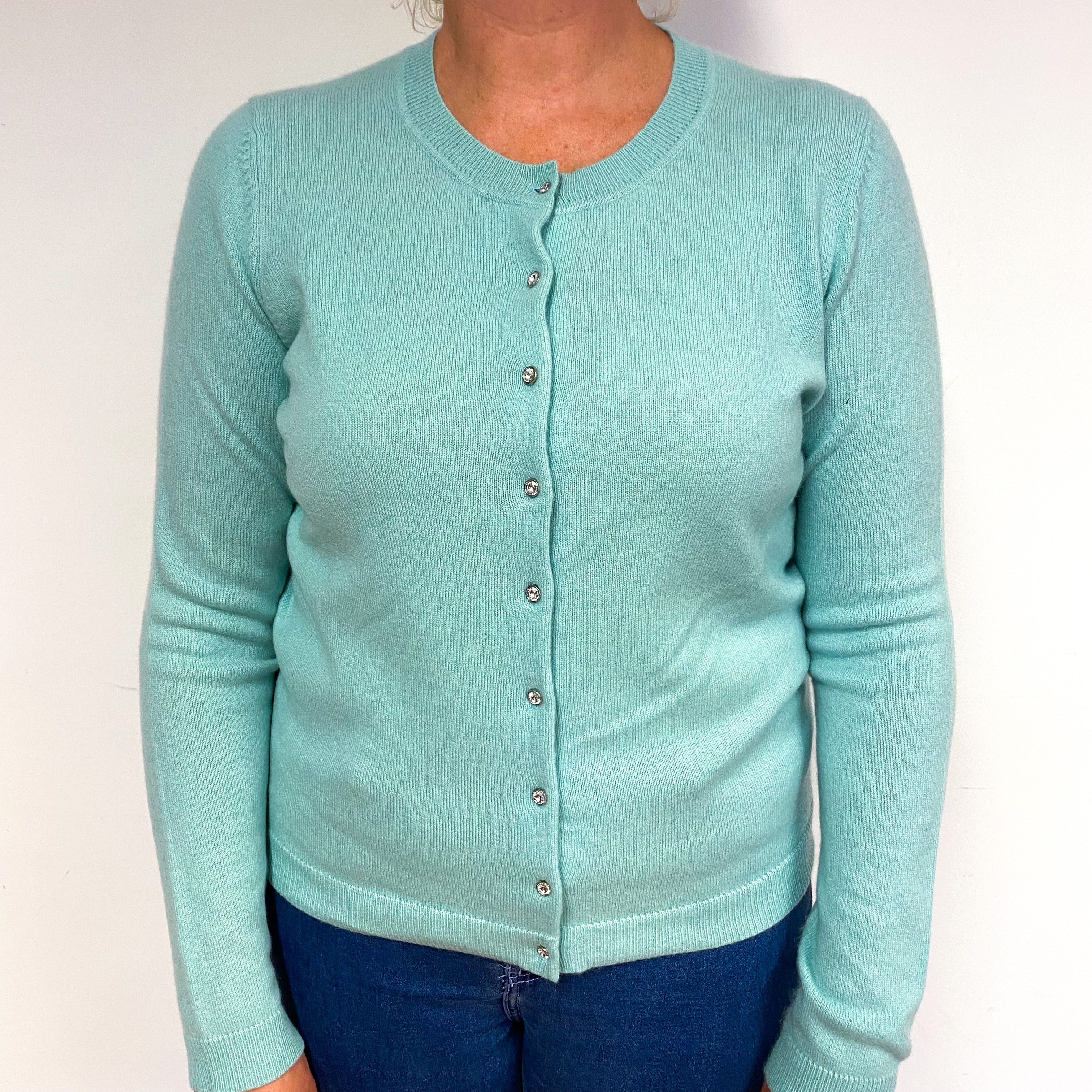 Mint Green Diamanté Button Cashmere Crew Neck Cardigan Large