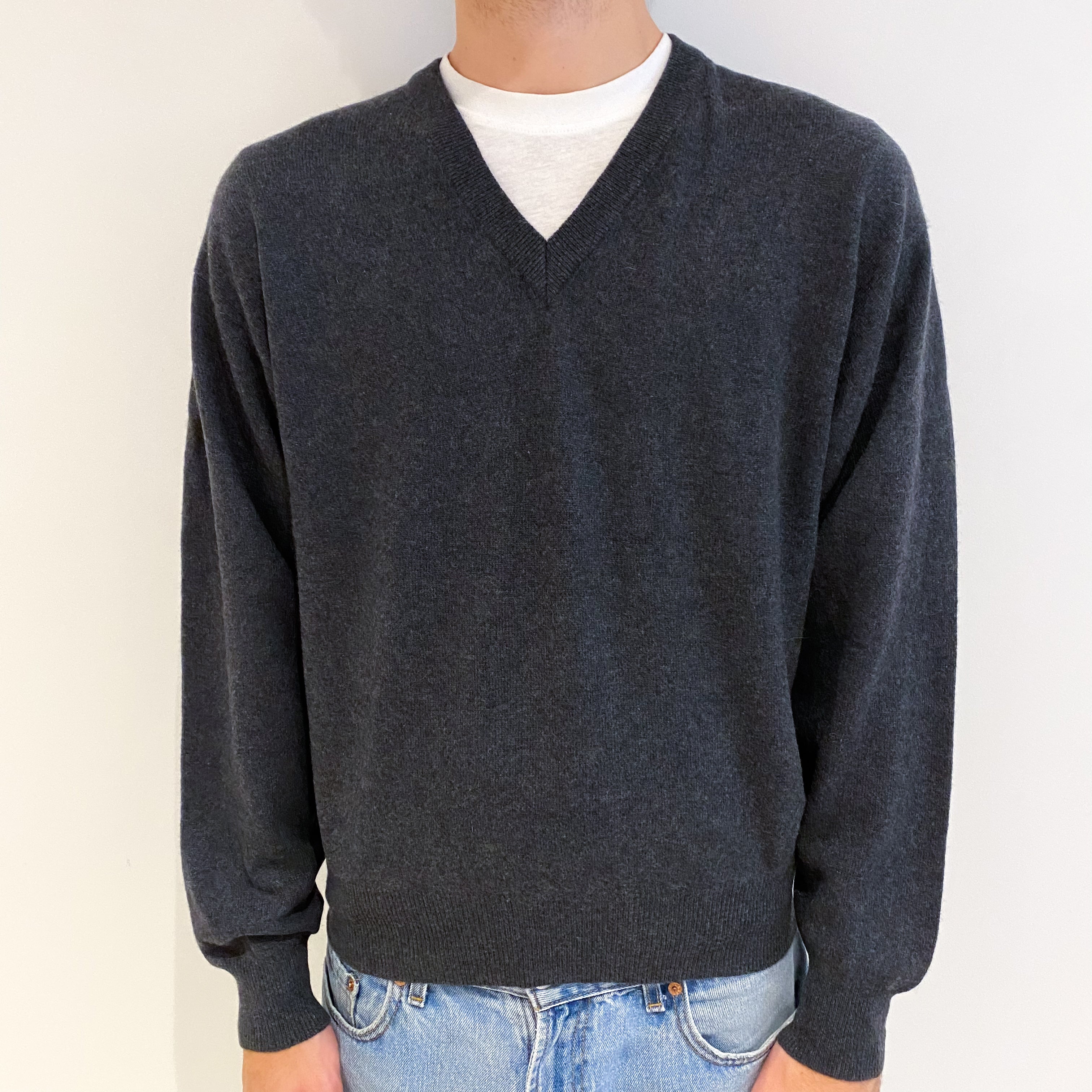 Men's Slate Grey Cashmere V Neck Jumper Large