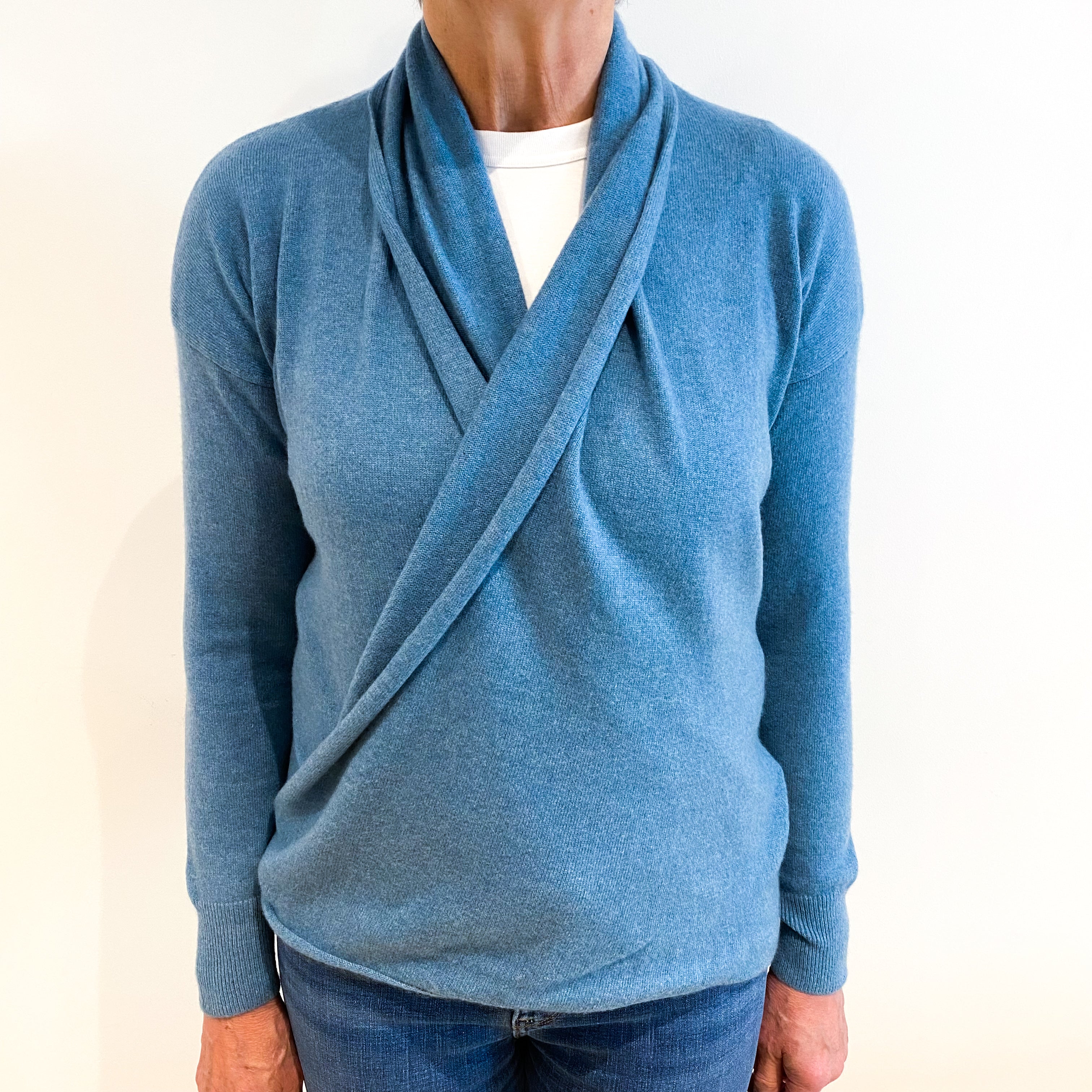 Airforce Blue Cashmere V Neck Cross Over Cardigan Medium