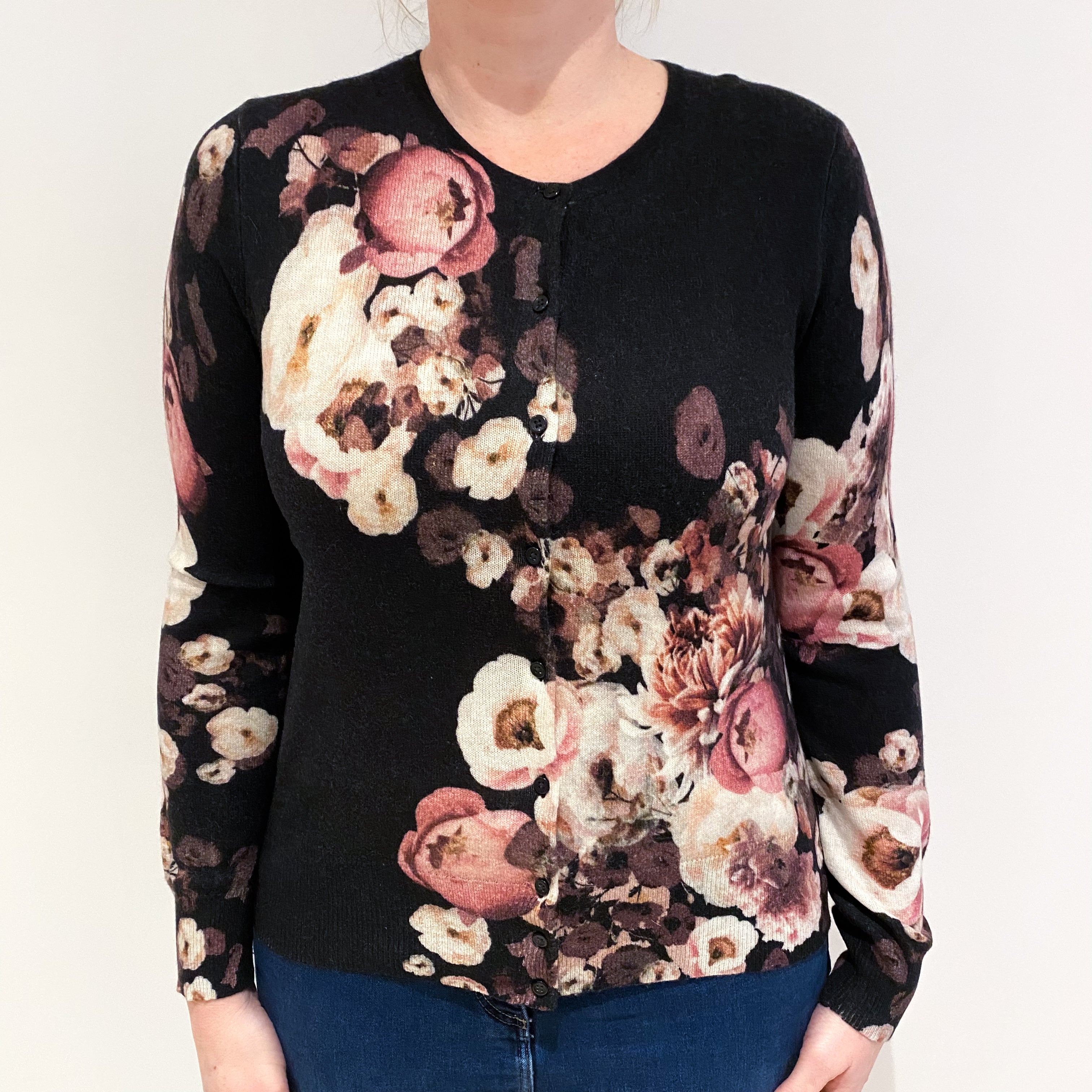 Black Floral Cashmere Crew Neck Cardigan Large