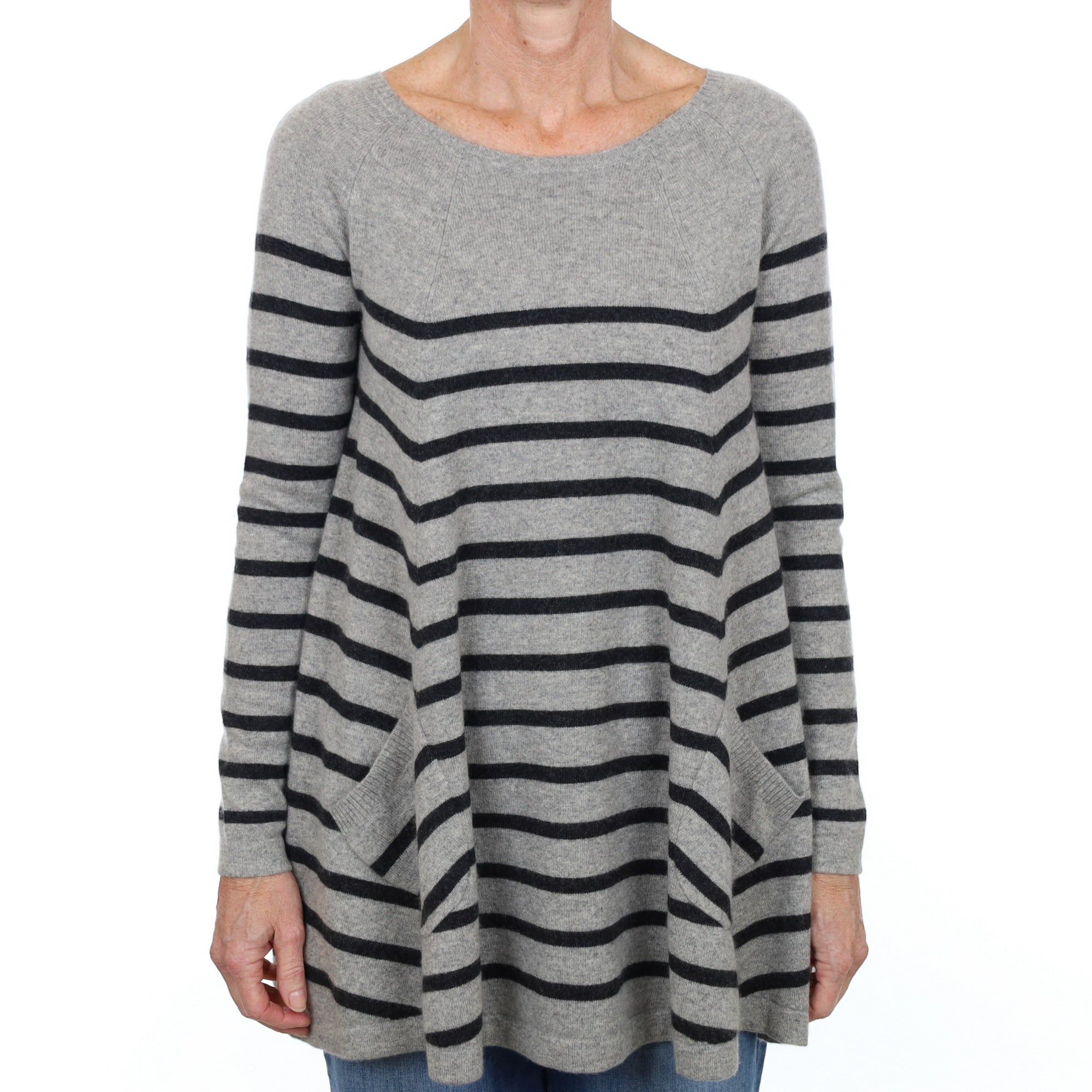 Smoke Grey Striped Cashmere Crew Neck Jumper Small
