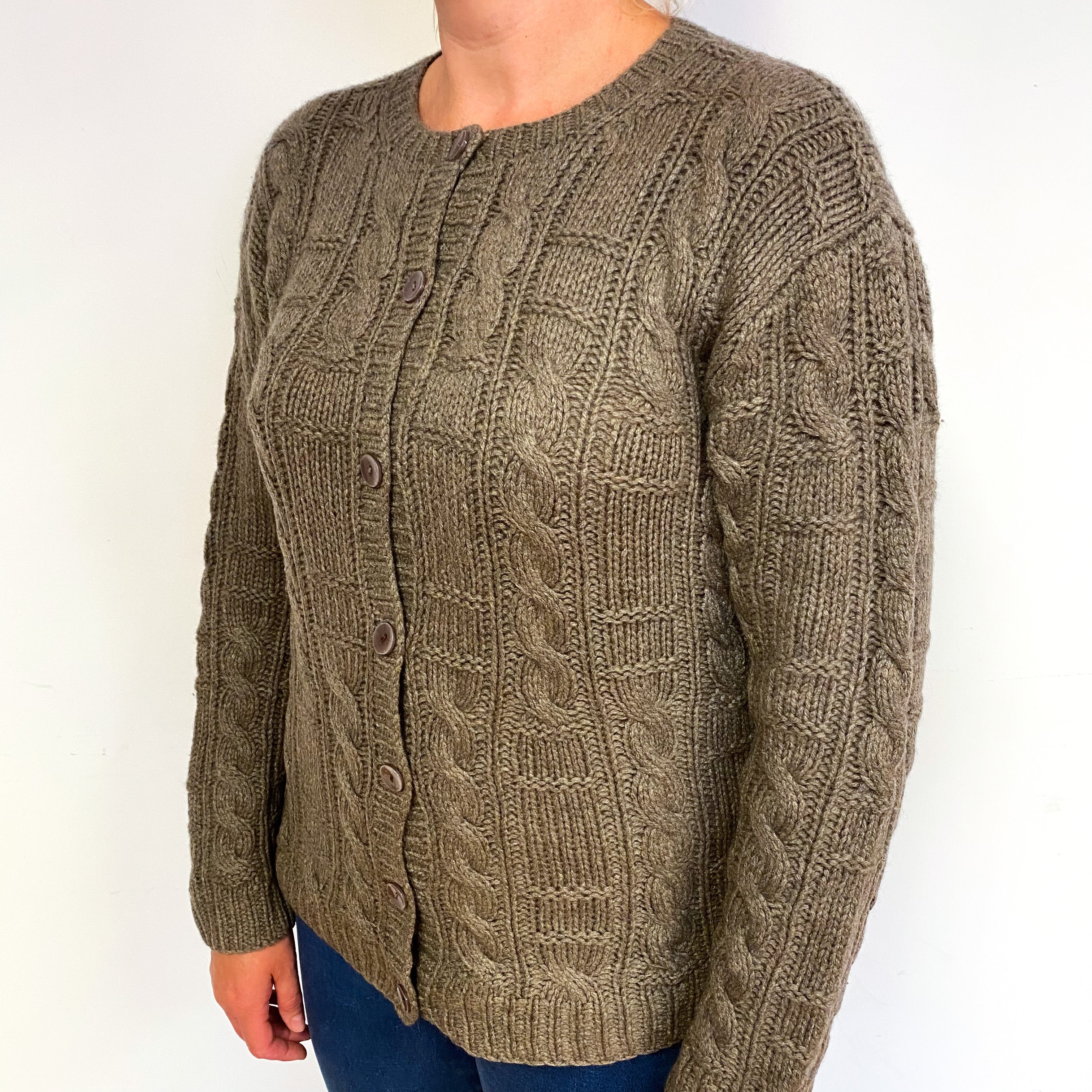 Mocha Brown Chunky Cashmere Crew Neck Cardigan Large