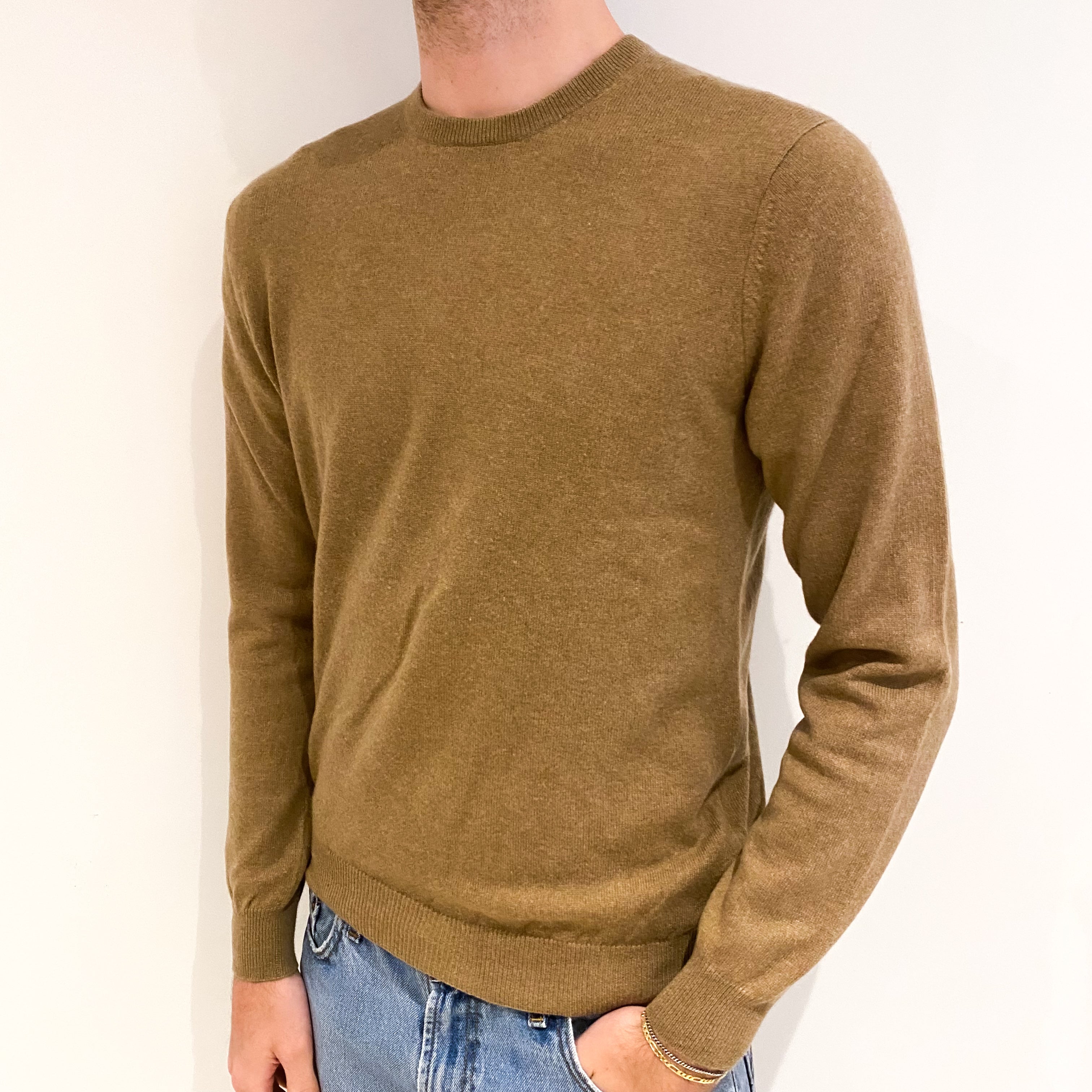 Men's Toffee Brown Cashmere Crew Neck Jumper Medium