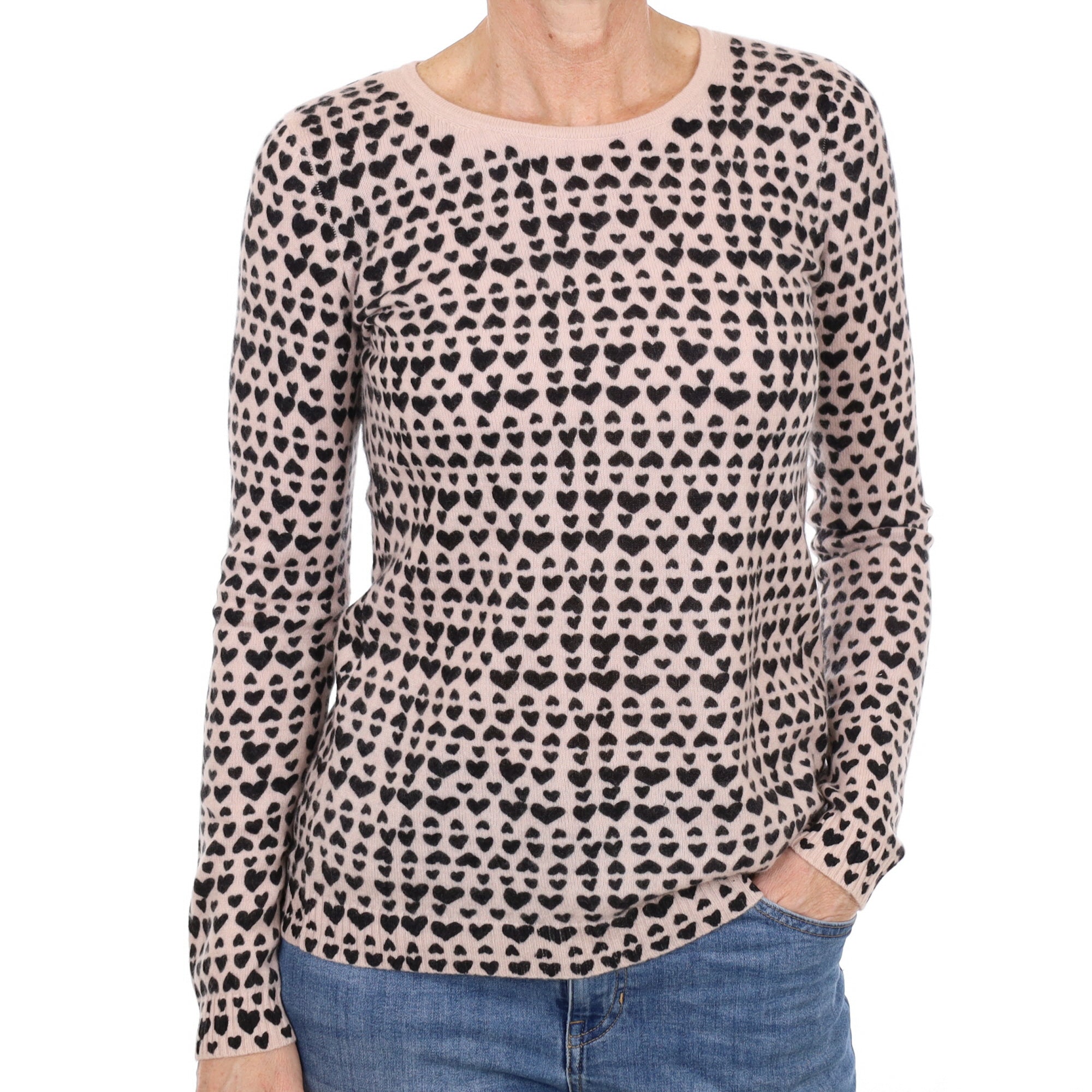 Ice Pink with Black Hearts Cashmere Crew Neck Jumper Small