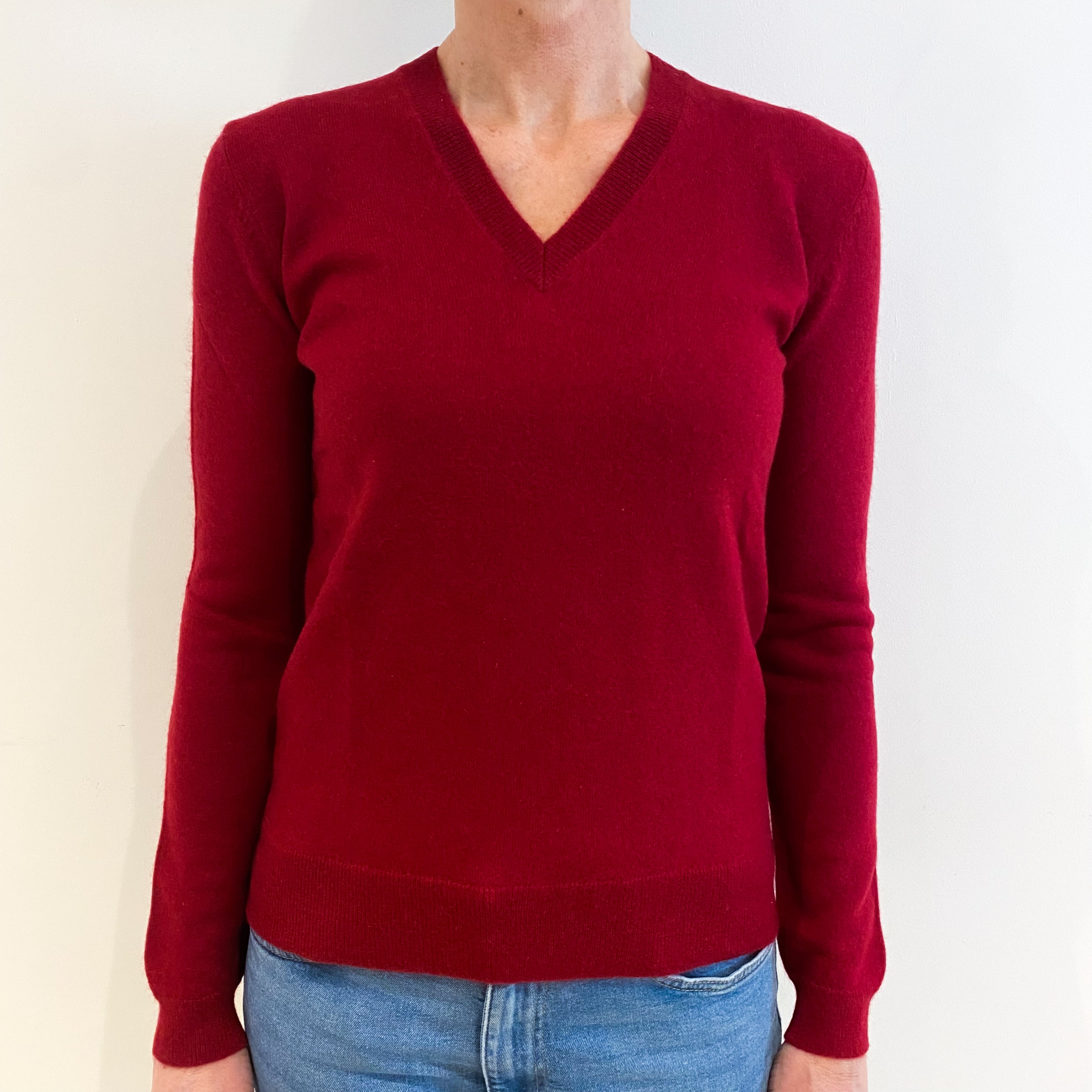 Crimson Red Cashmere V Neck Jumper Small