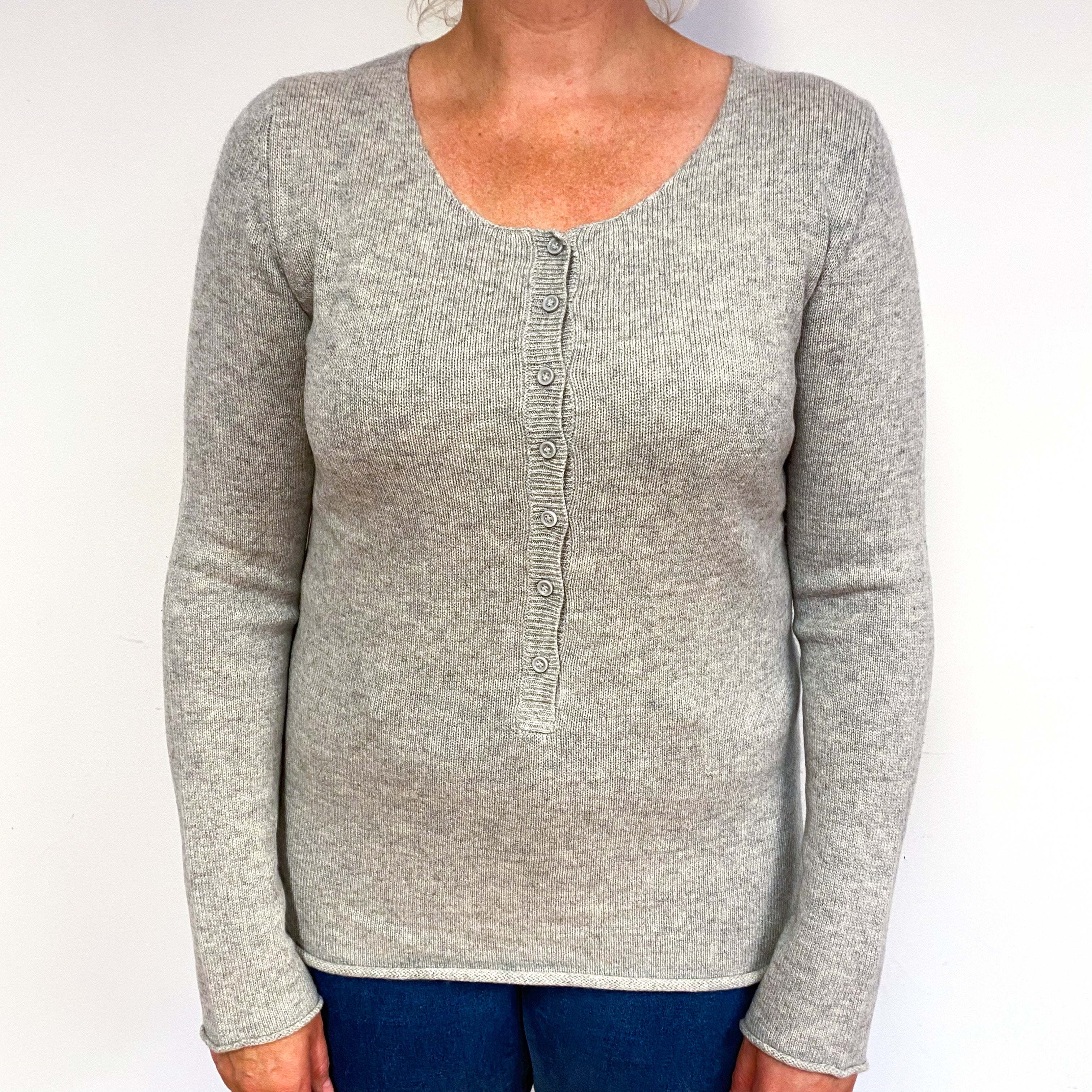 Smoke Grey Buttoned Cashmere Crew Neck Jumper Large