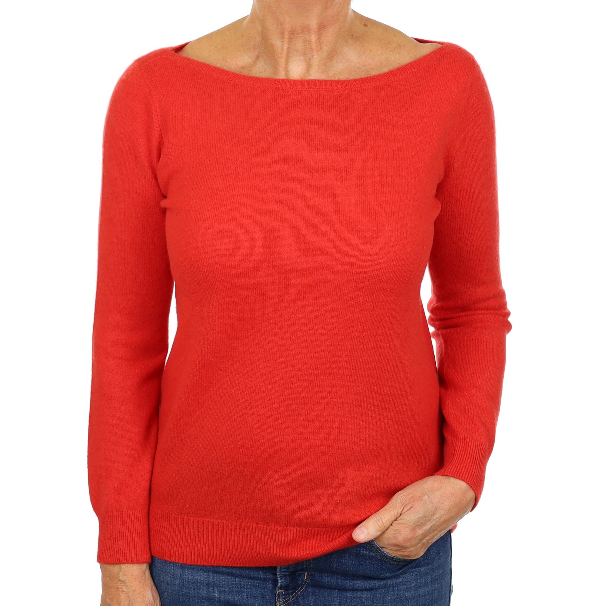 Vermillion Red Cashmere Slash Neck Jumper Medium