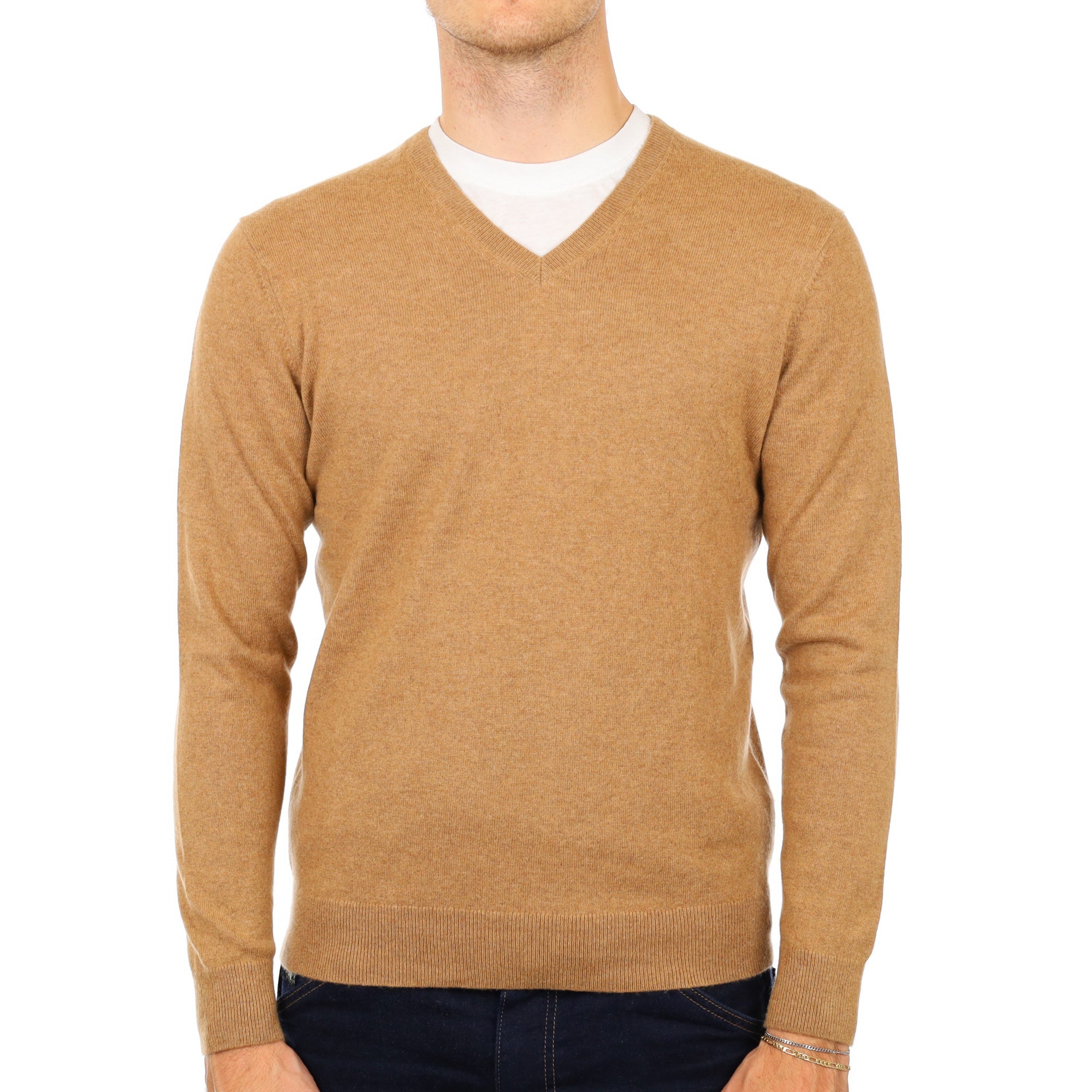 Men's Fudge Brown Cashmere V Neck Jumper Medium