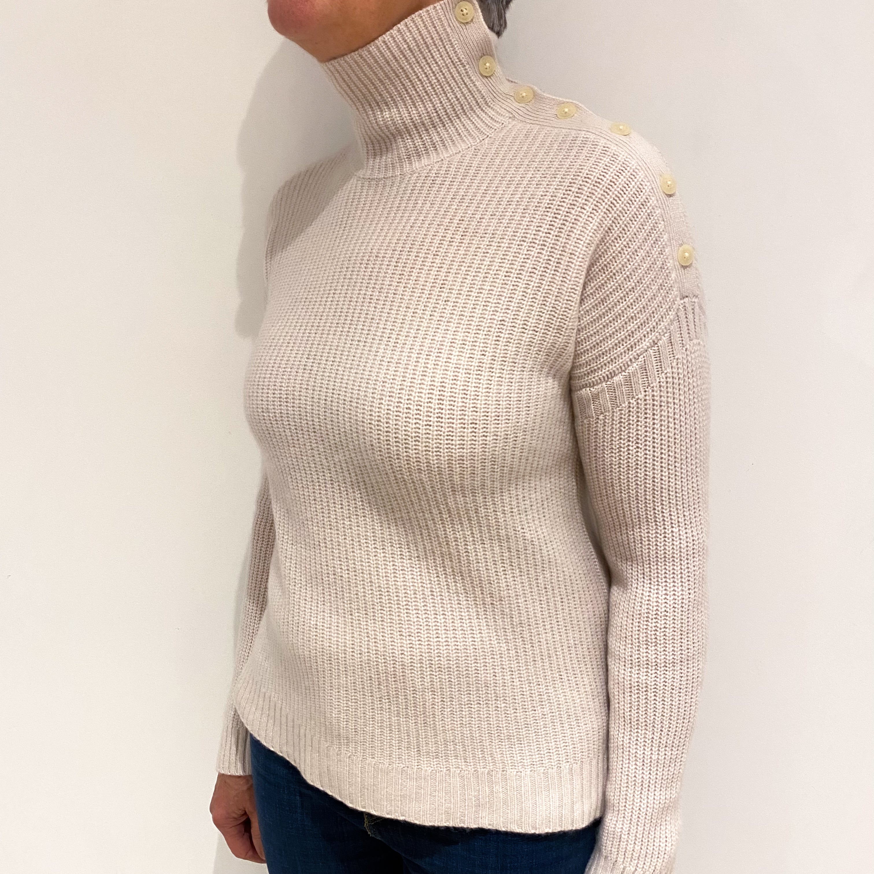 Alabaster Chunky Rib Cashmere Buttoned Polo Neck Jumper Medium