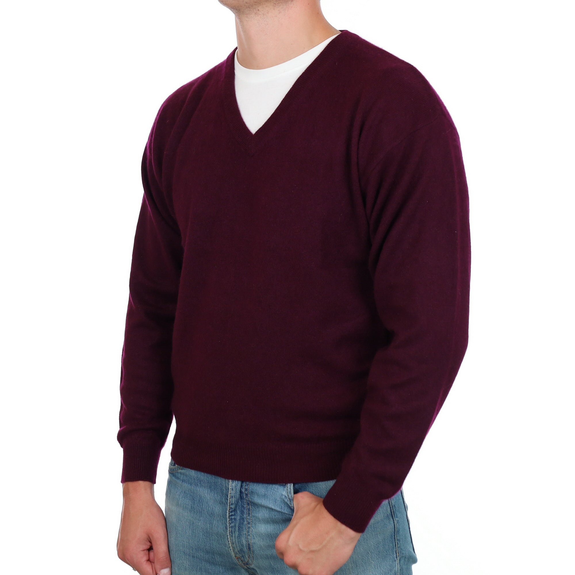 Men's Mulberry Purple Cashmere V Neck Jumper XL