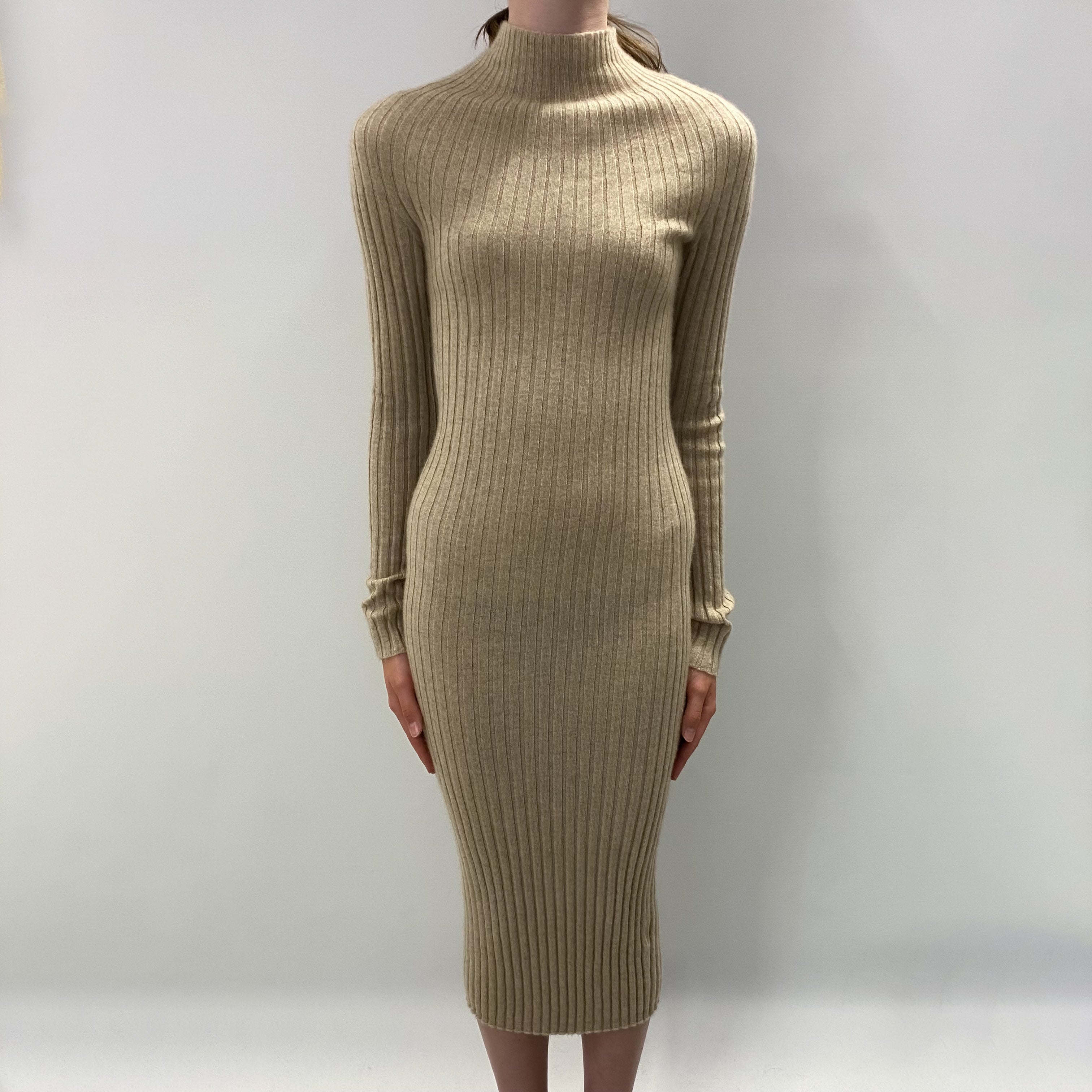 Sand Beige Cashmere Turtle Neck Dress Extra Small