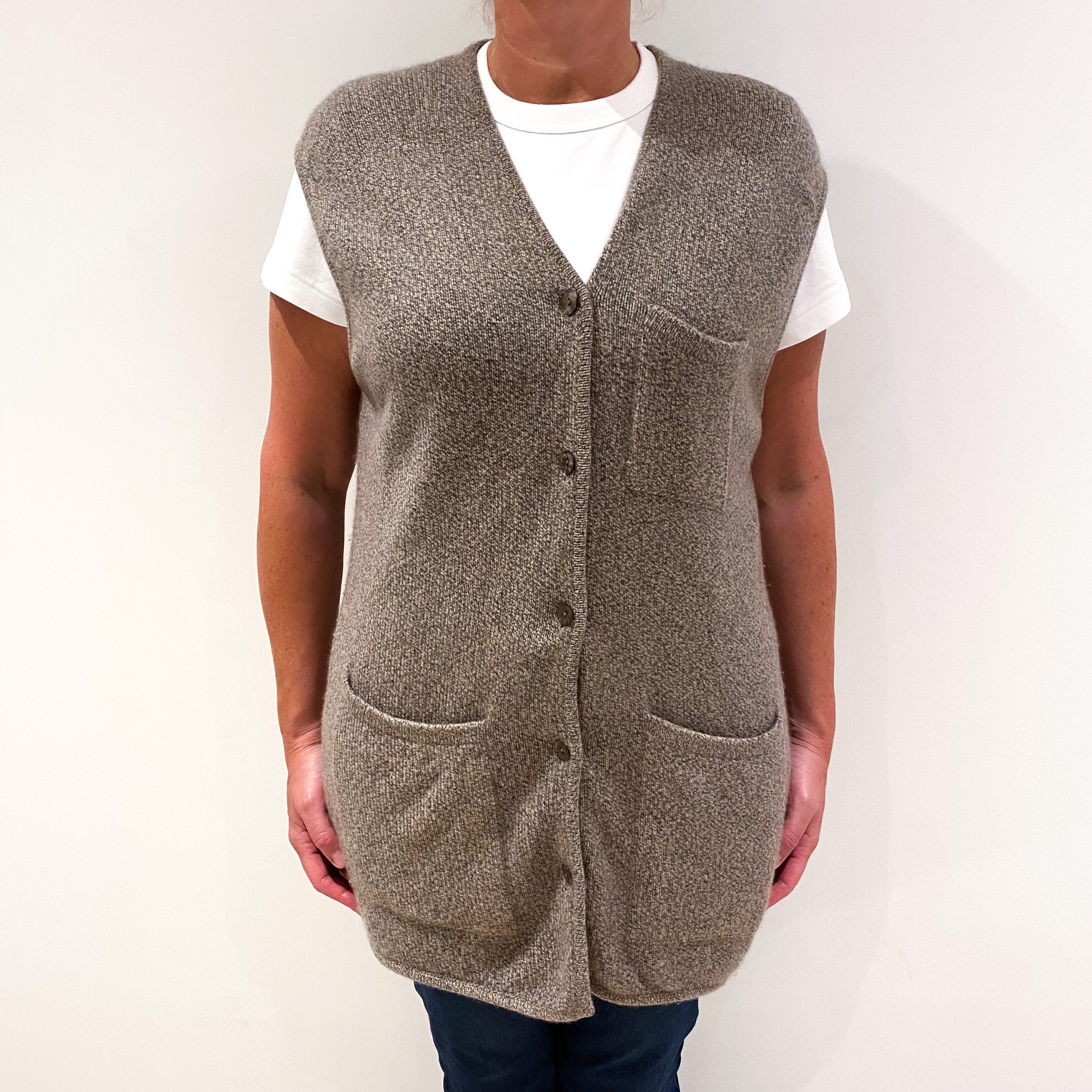 Scottish Beige Mark Knit Chunky Sleeveless Cashmere Cardigan Large