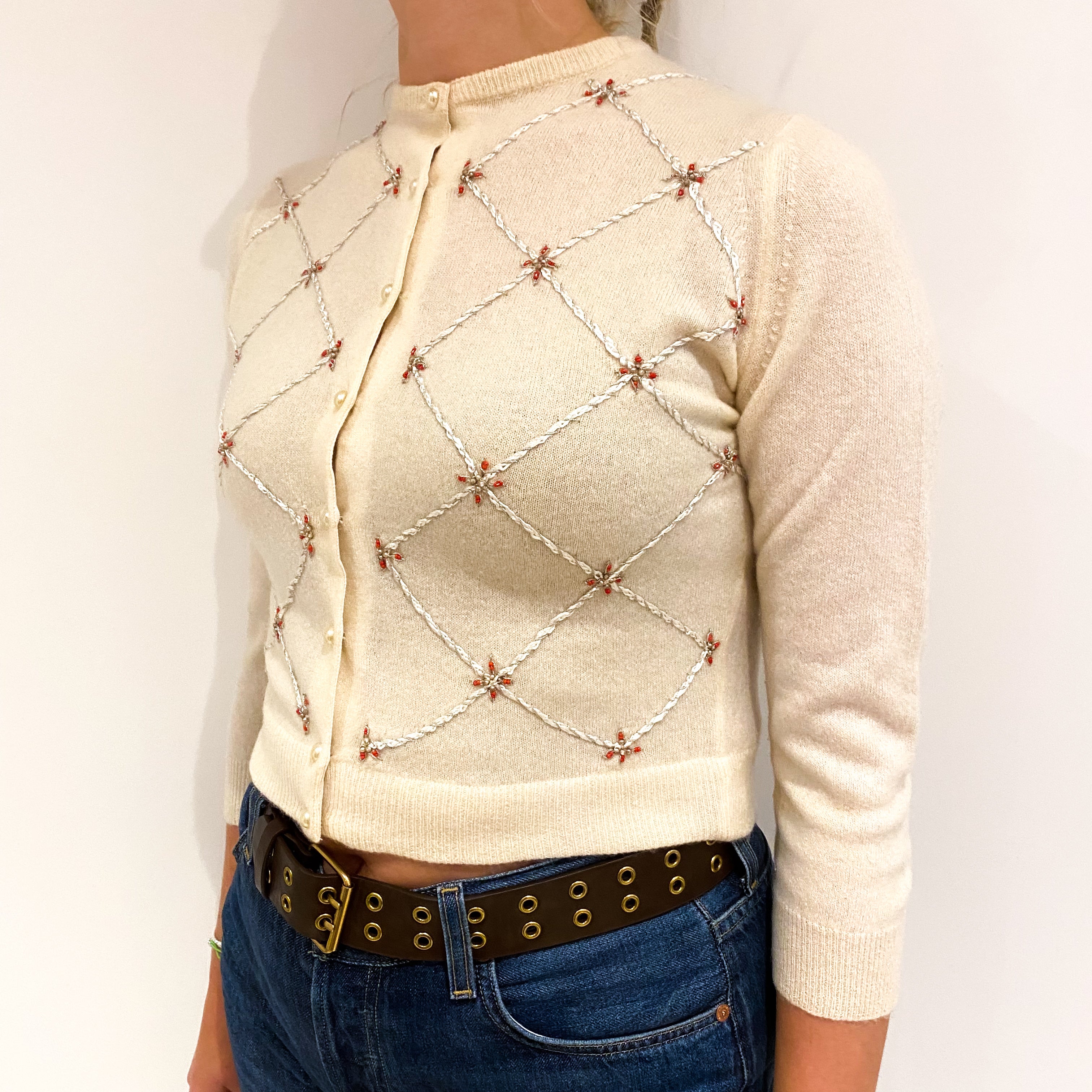 Vintage Embellished Cream Cashmere Crew Neck Cardigan Small