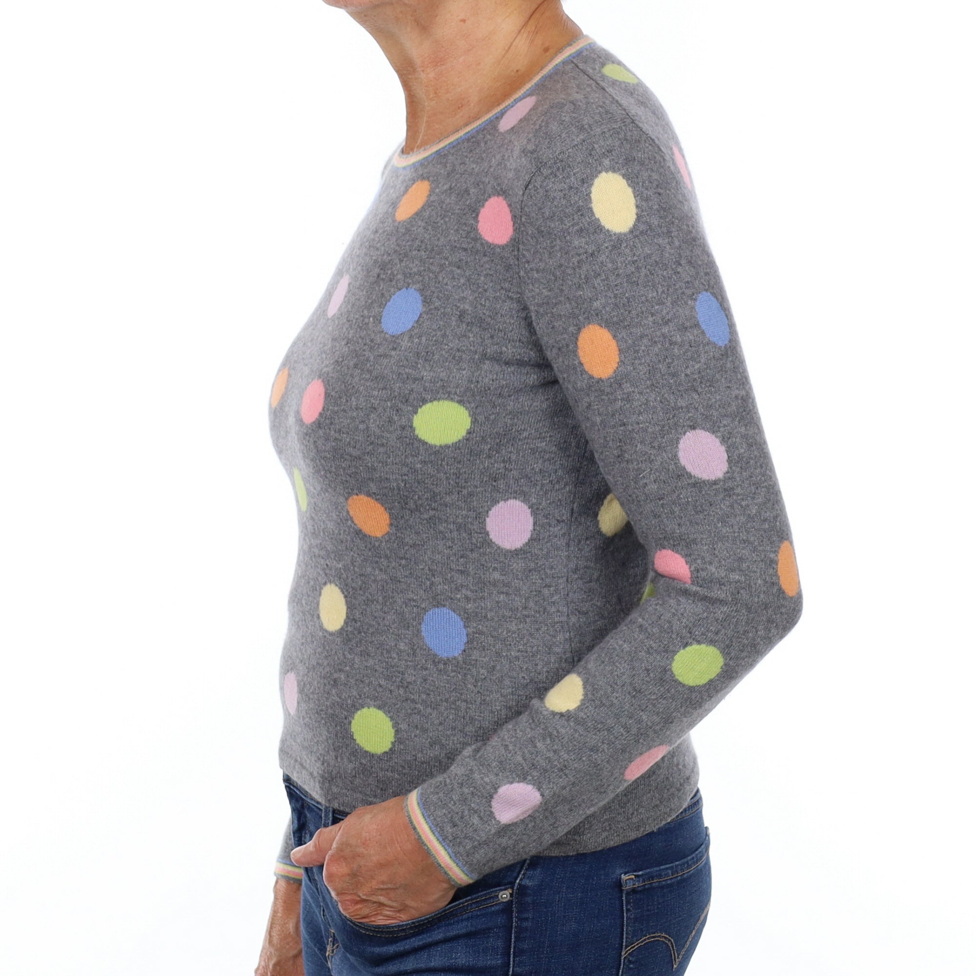 Charcoal Grey Polka Dot Cashmere Crew Neck Jumper Medium