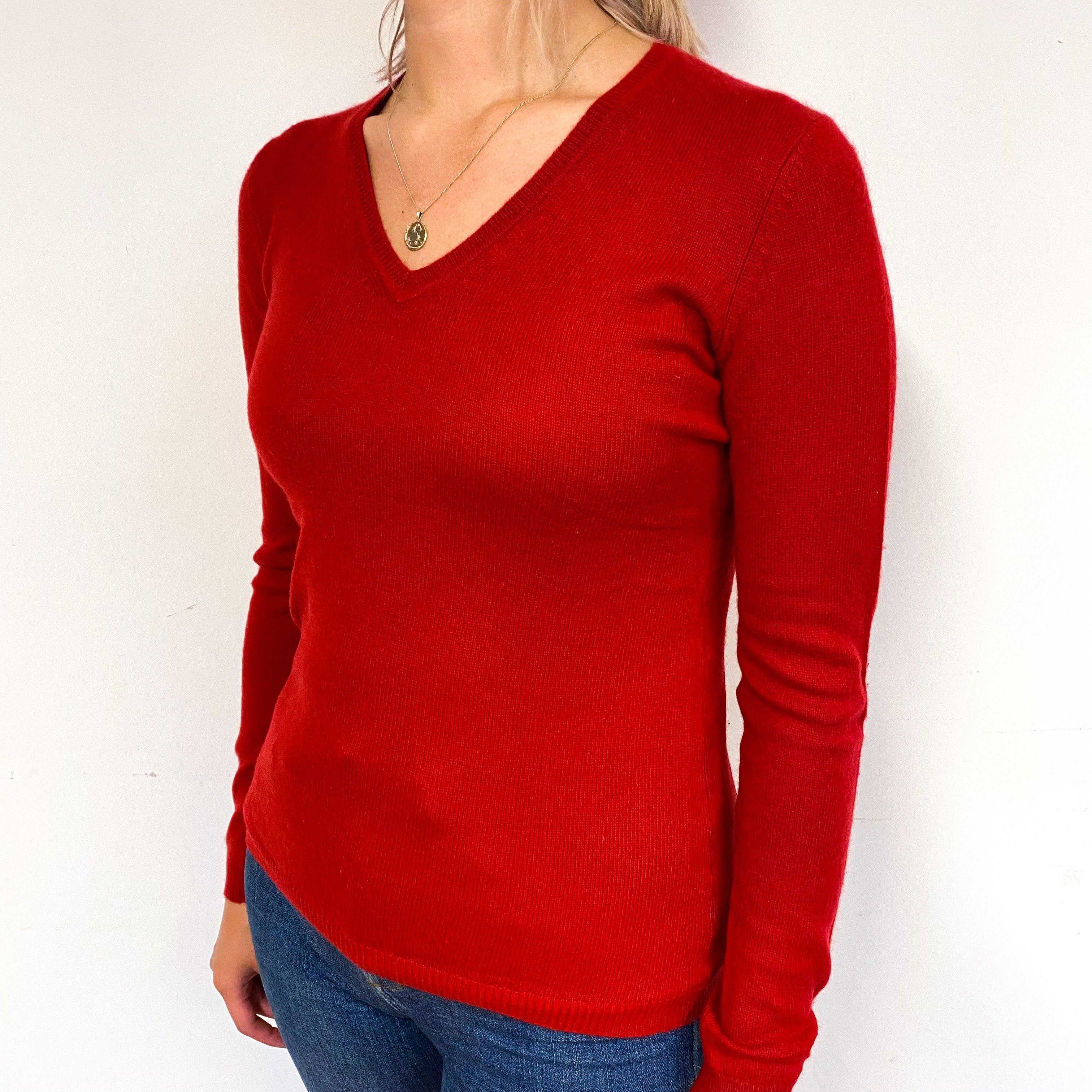 Post Box Red Lightweight Cashmere V-Neck Jumper Small