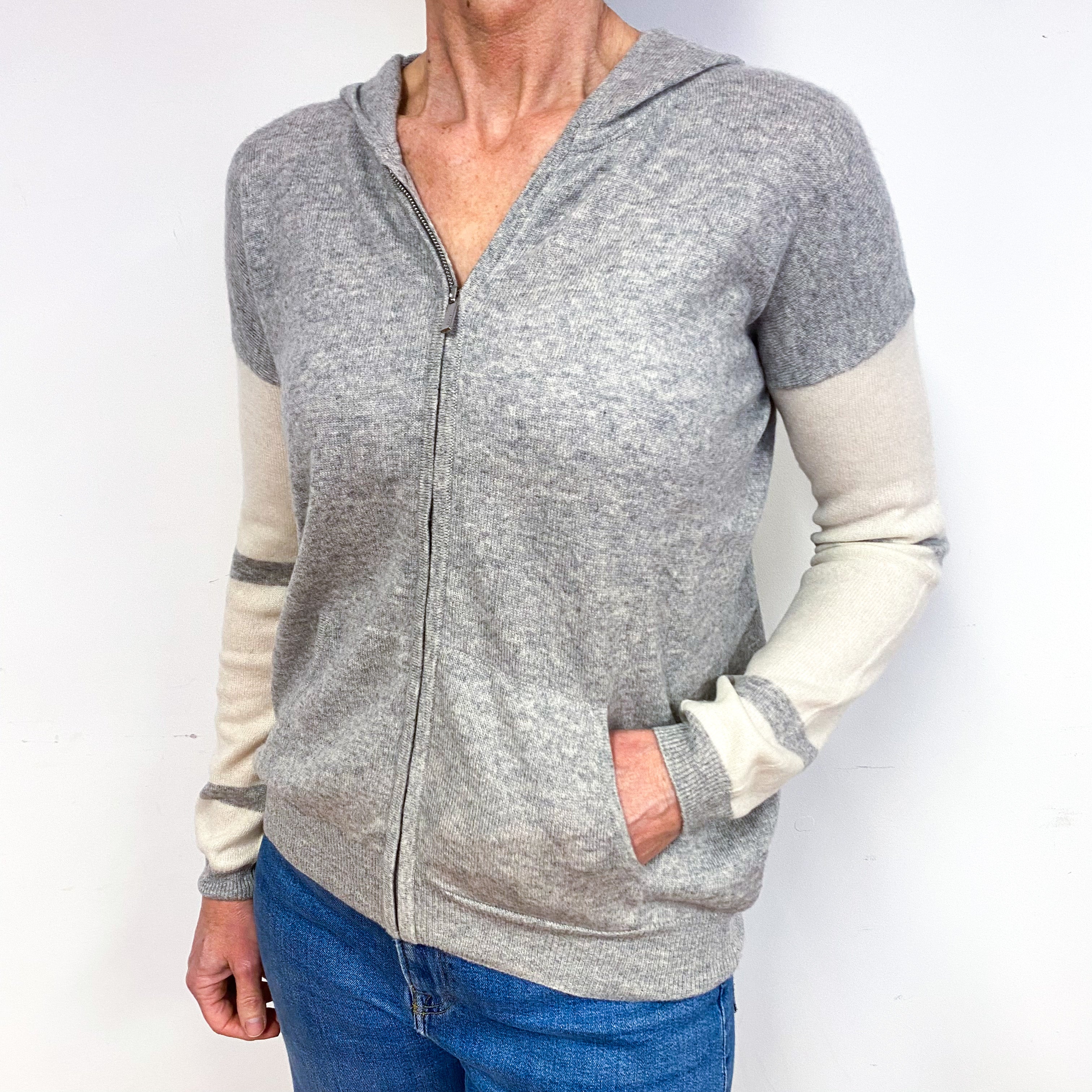 Smoke Grey Cream Sleeve Cashmere Hoodie Cardigan Medium