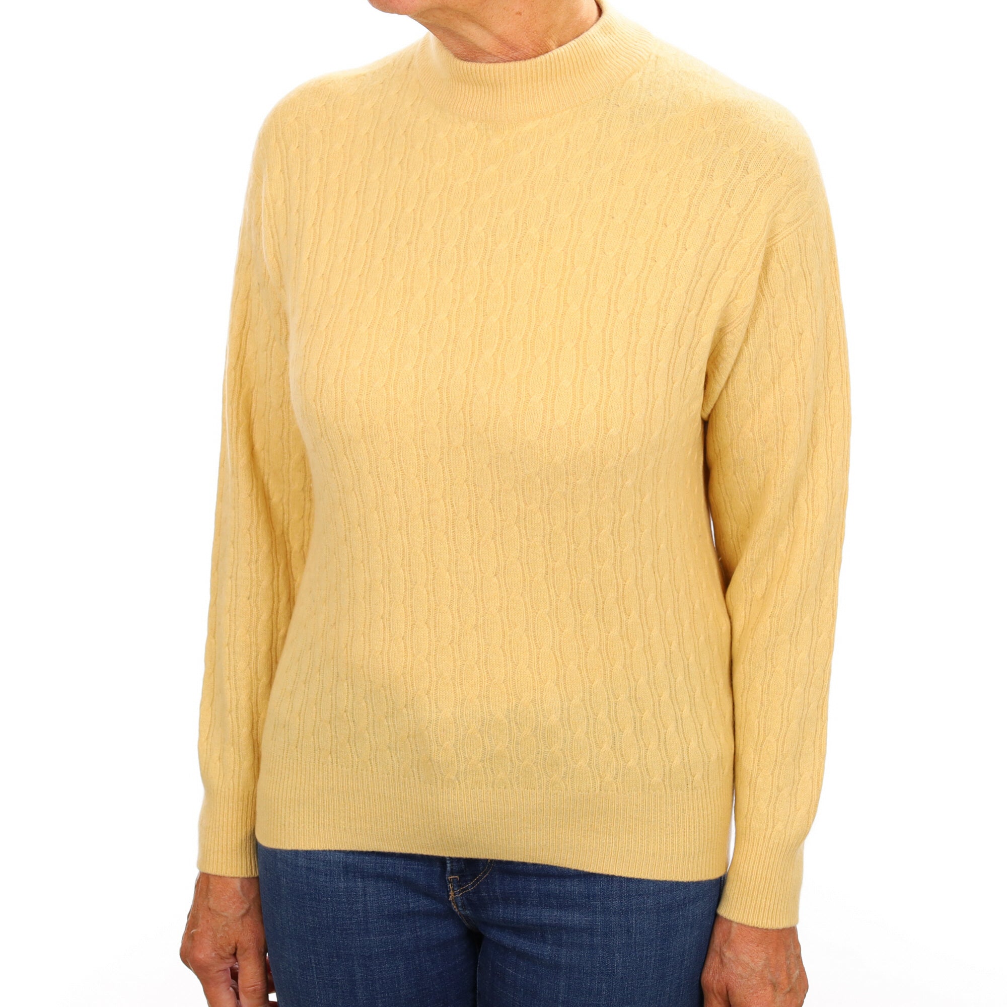 Buttermilk Yellow Cashmere Turtle Neck Cable Knit Jumper Medium