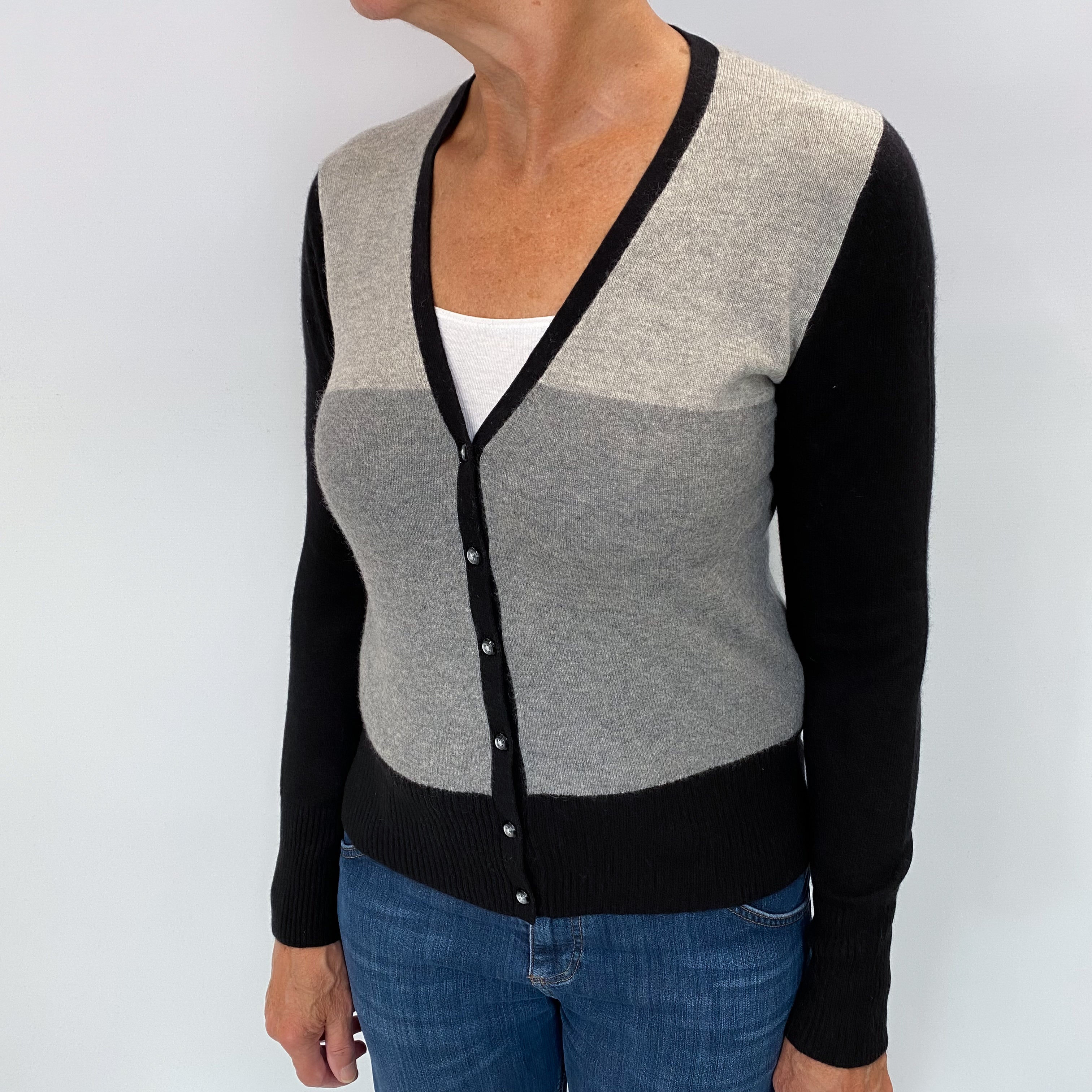 Grey Colour Block Cashmere V Neck Cardigan Medium