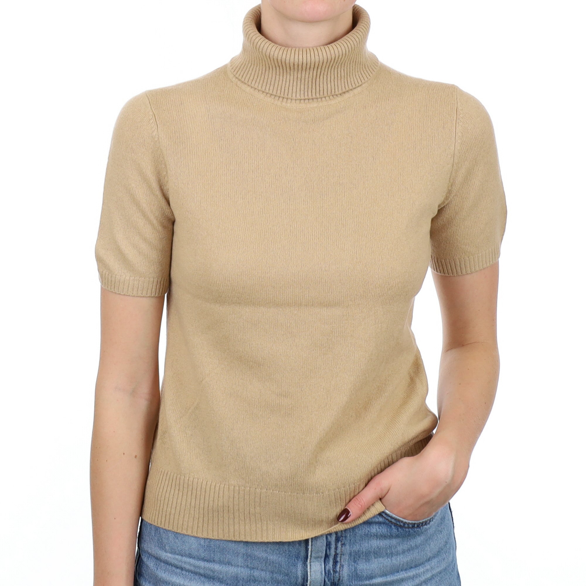 Caramel Brown Cashmere Short Sleeve Polo Neck Jumper Small