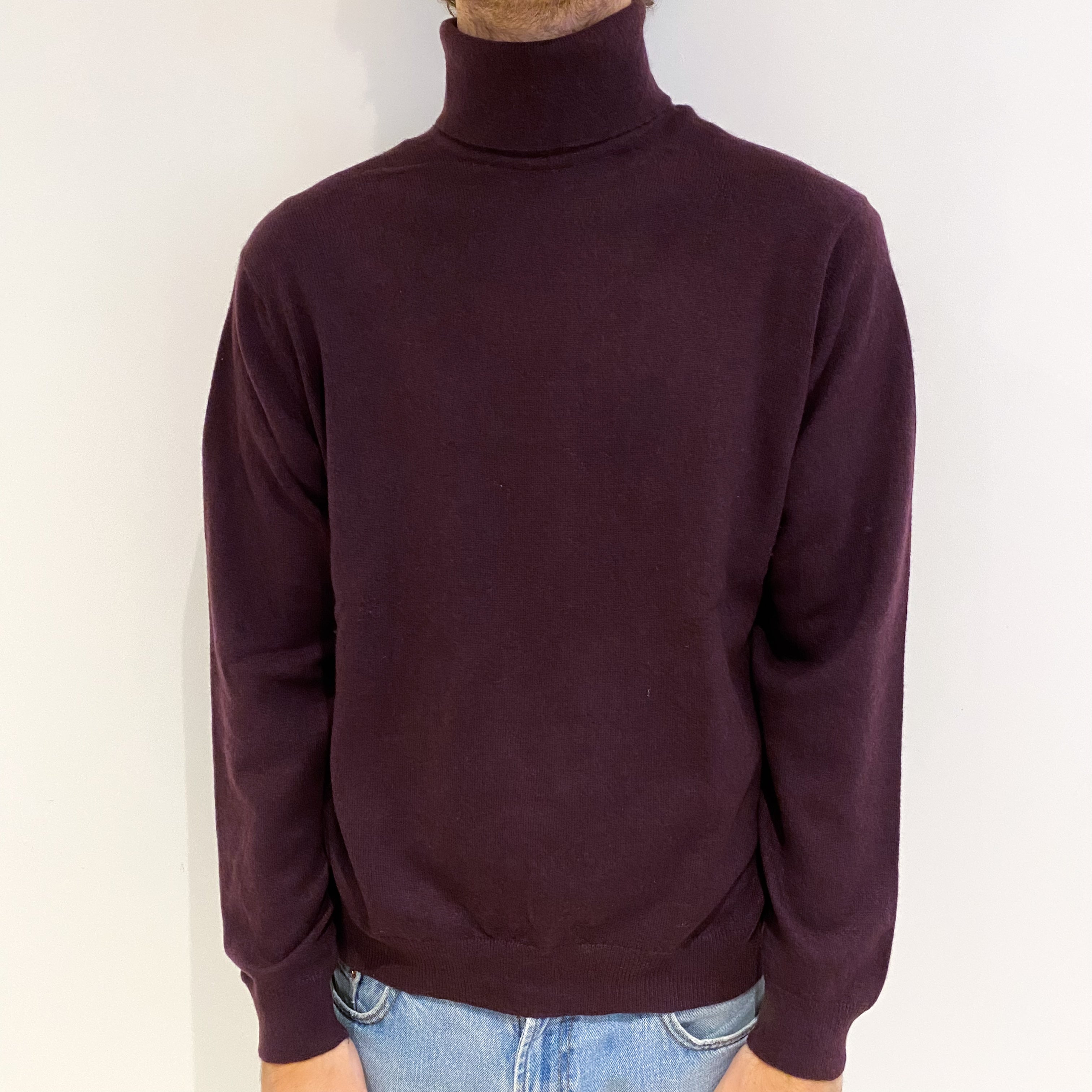 Men's Aubergine Purple Cashmere Polo Neck Jumper Medium
