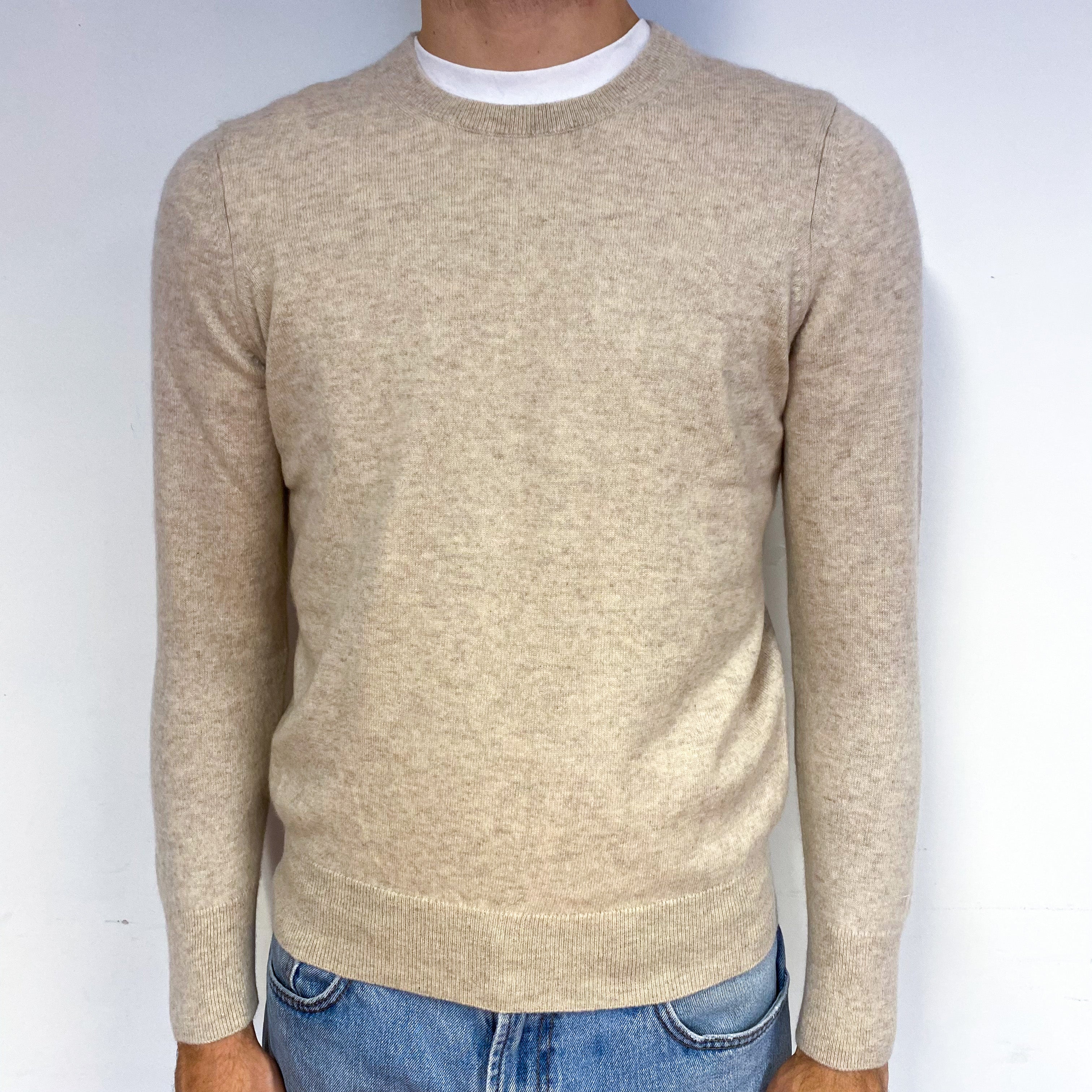 Men's Oatmeal Beige Cashmere Crew Neck Jumper Medium