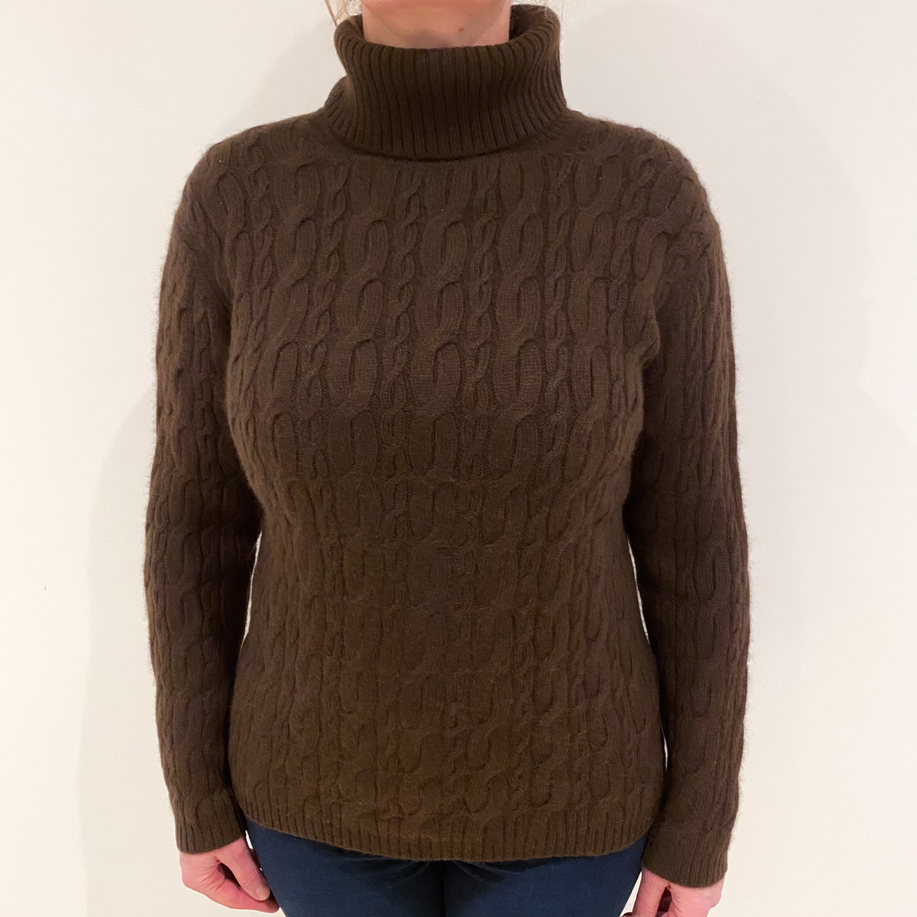 Chocolate Brown Chunky Cable Cashmere Polo Neck Jumper Large