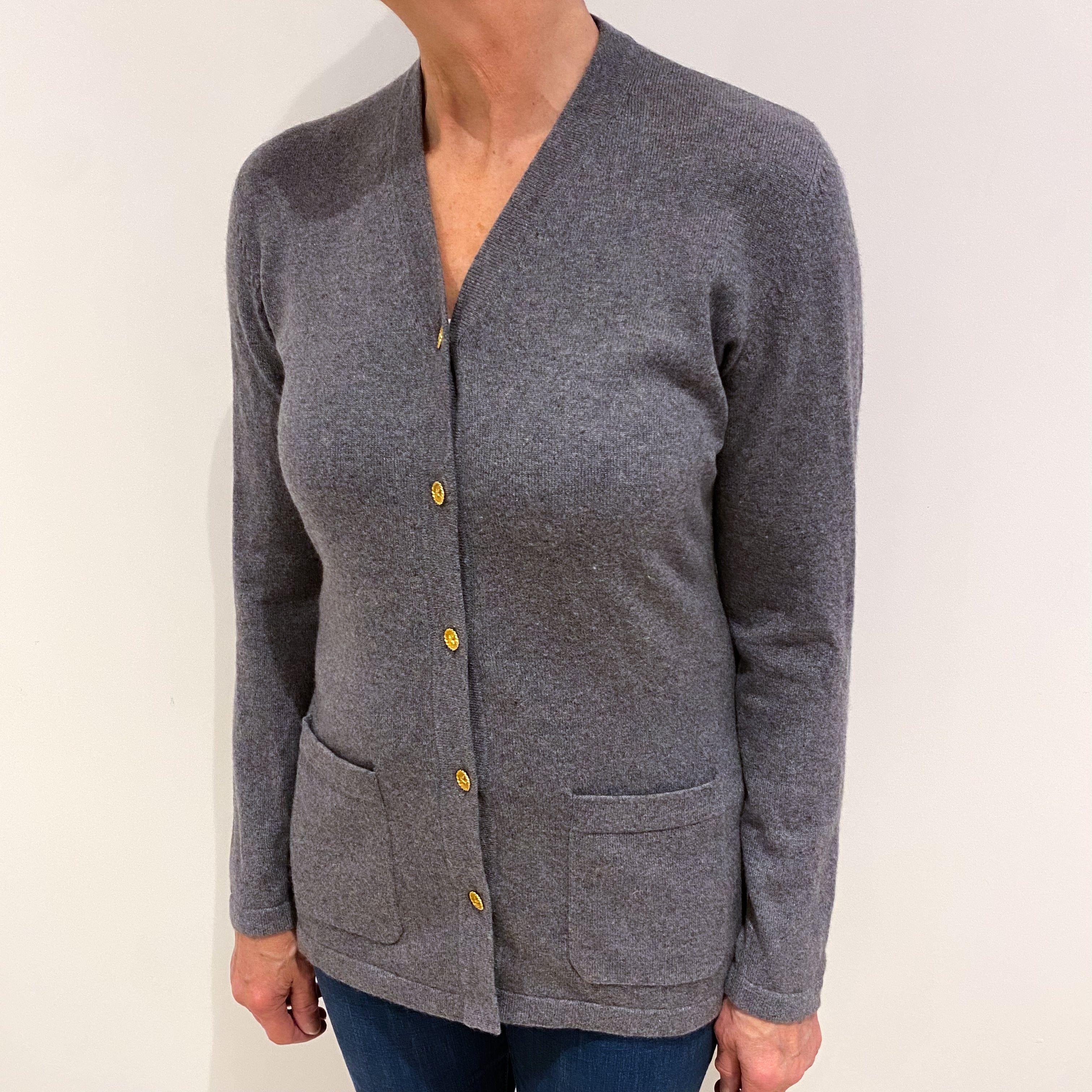 Ash Grey Cashmere V Neck Cardigan with Pockets Medium