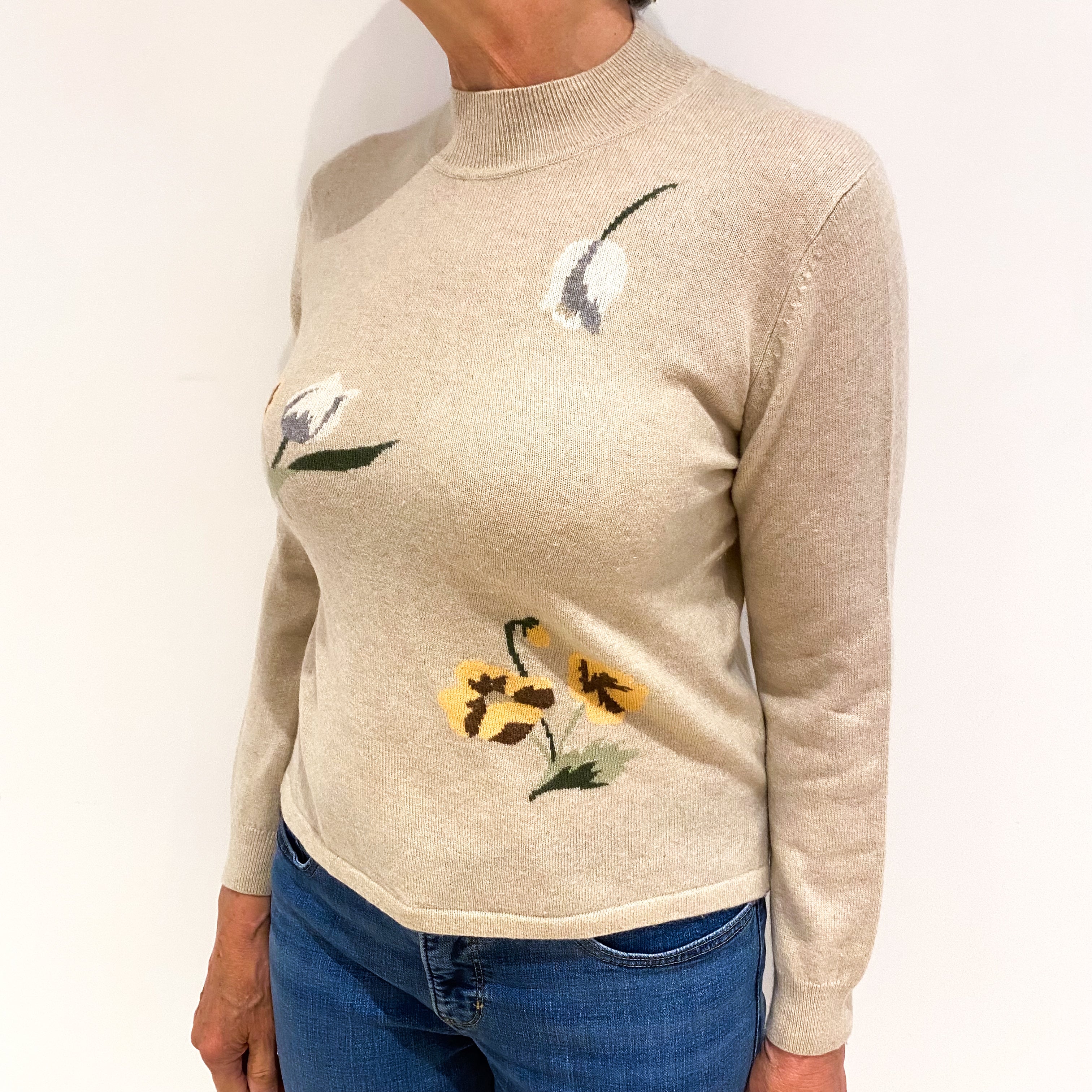 Fawn Beige Floral Cashmere Turtle Neck Jumper Medium