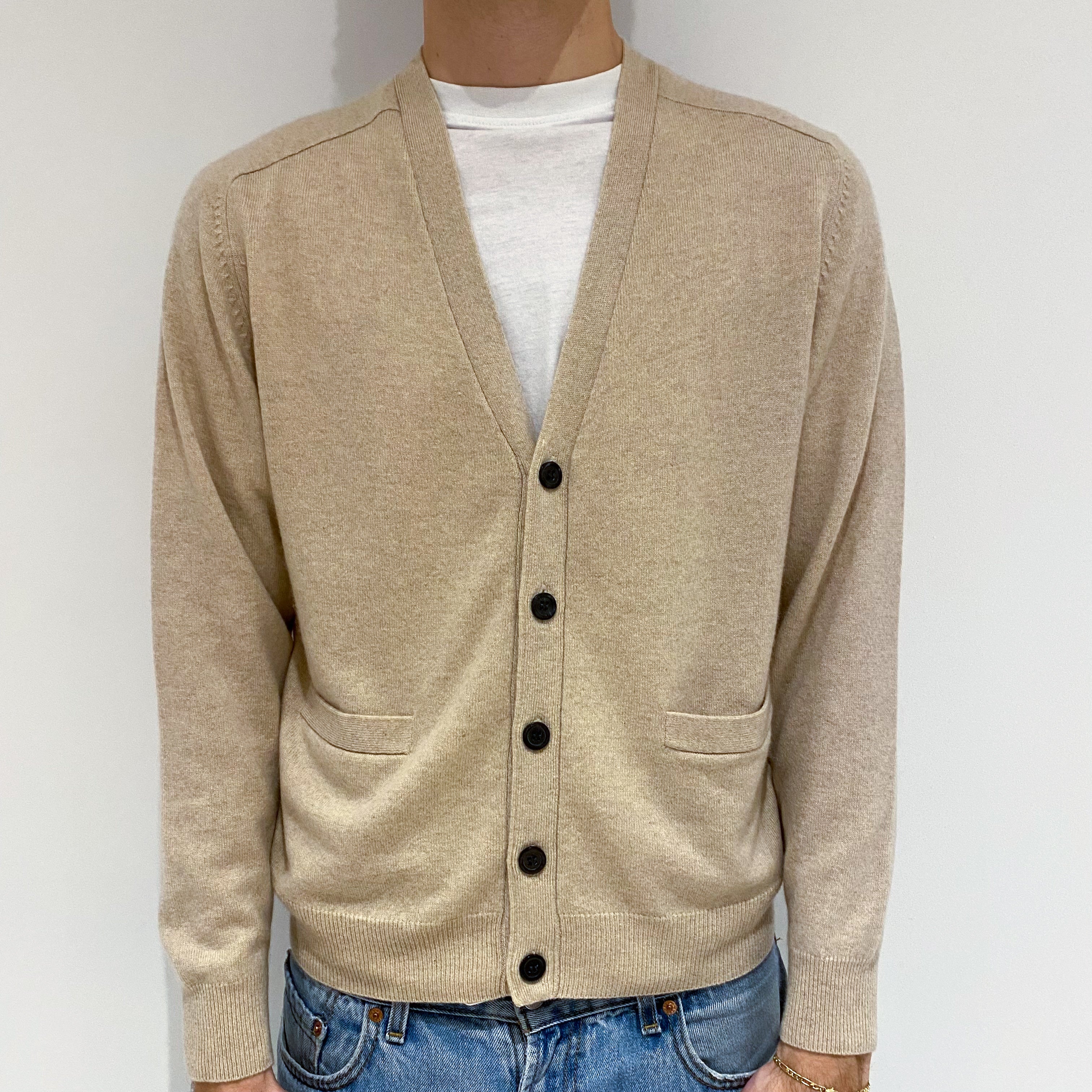 Men's Sand Beige Cashmere V-Neck Cardigan with Pockets Large