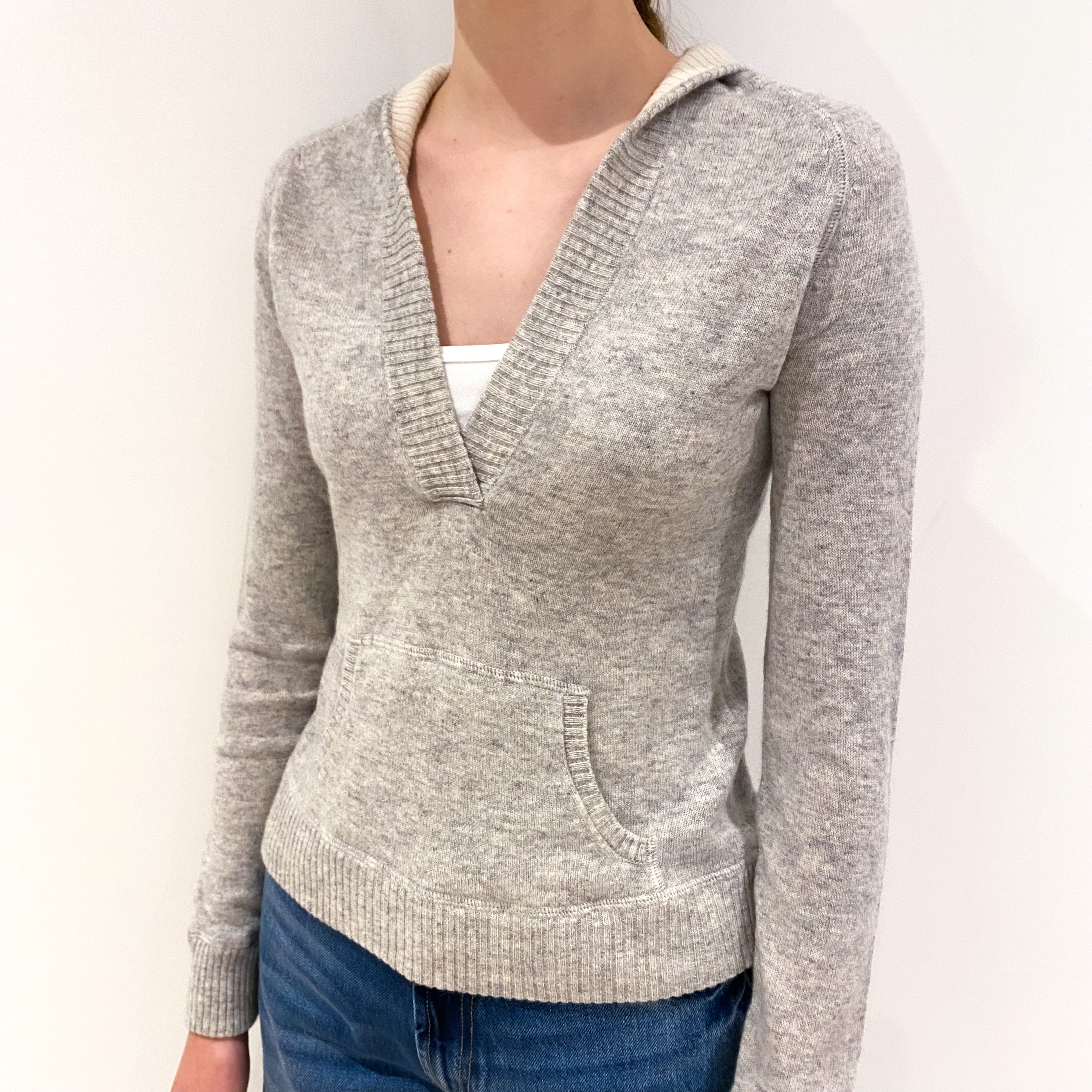 Smoke Grey Cashmere V-Neck Hooded Jumper Extra Small