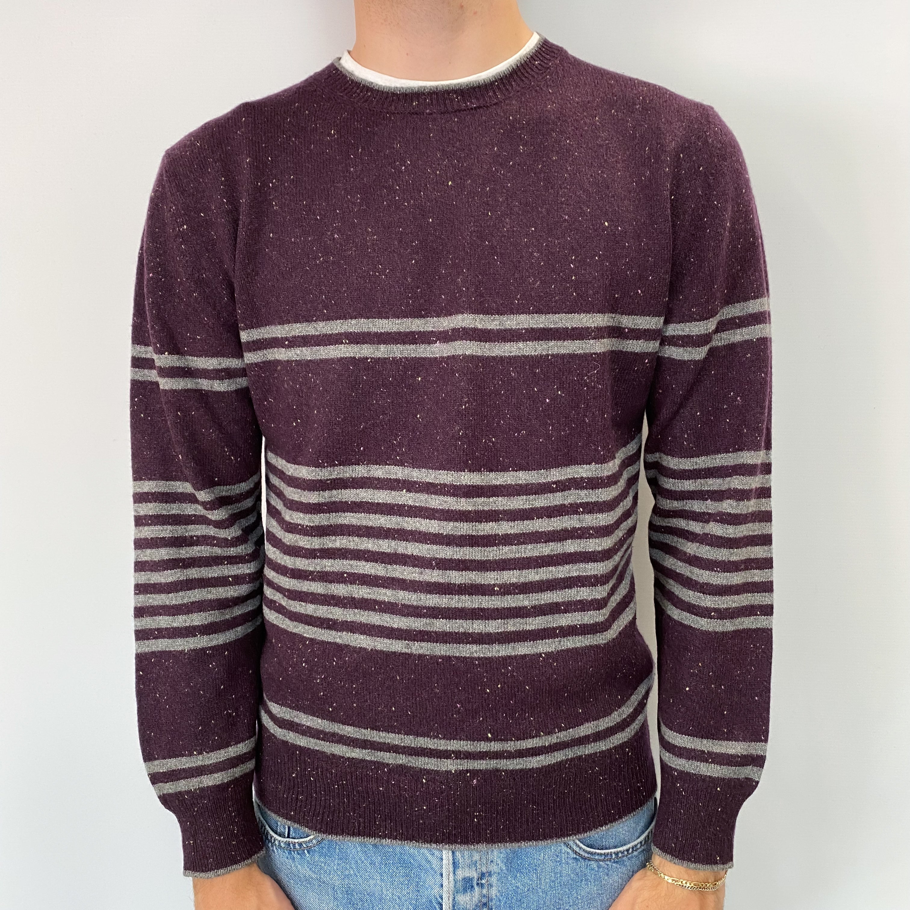 Men's Aubergine Purple Striped Cashmere Crew Neck Jumper Medium