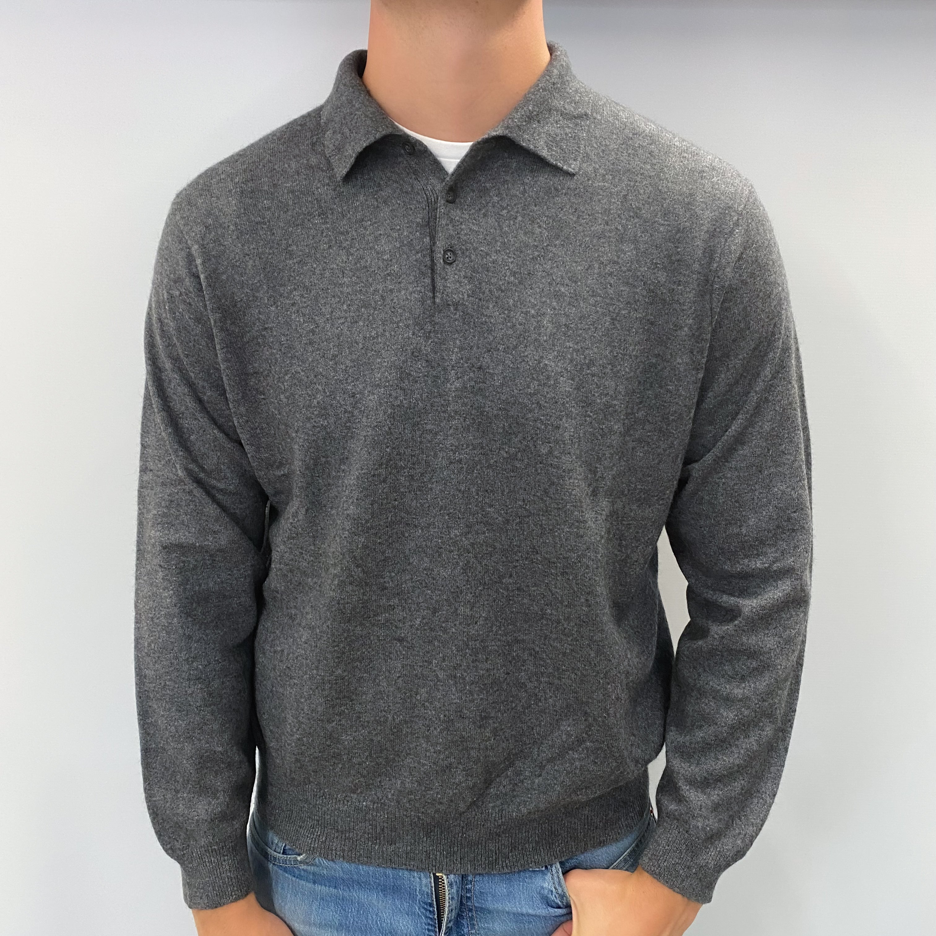 Men's Slate Grey Cashmere Collared 1/4 Button Up V Neck Jumper XL