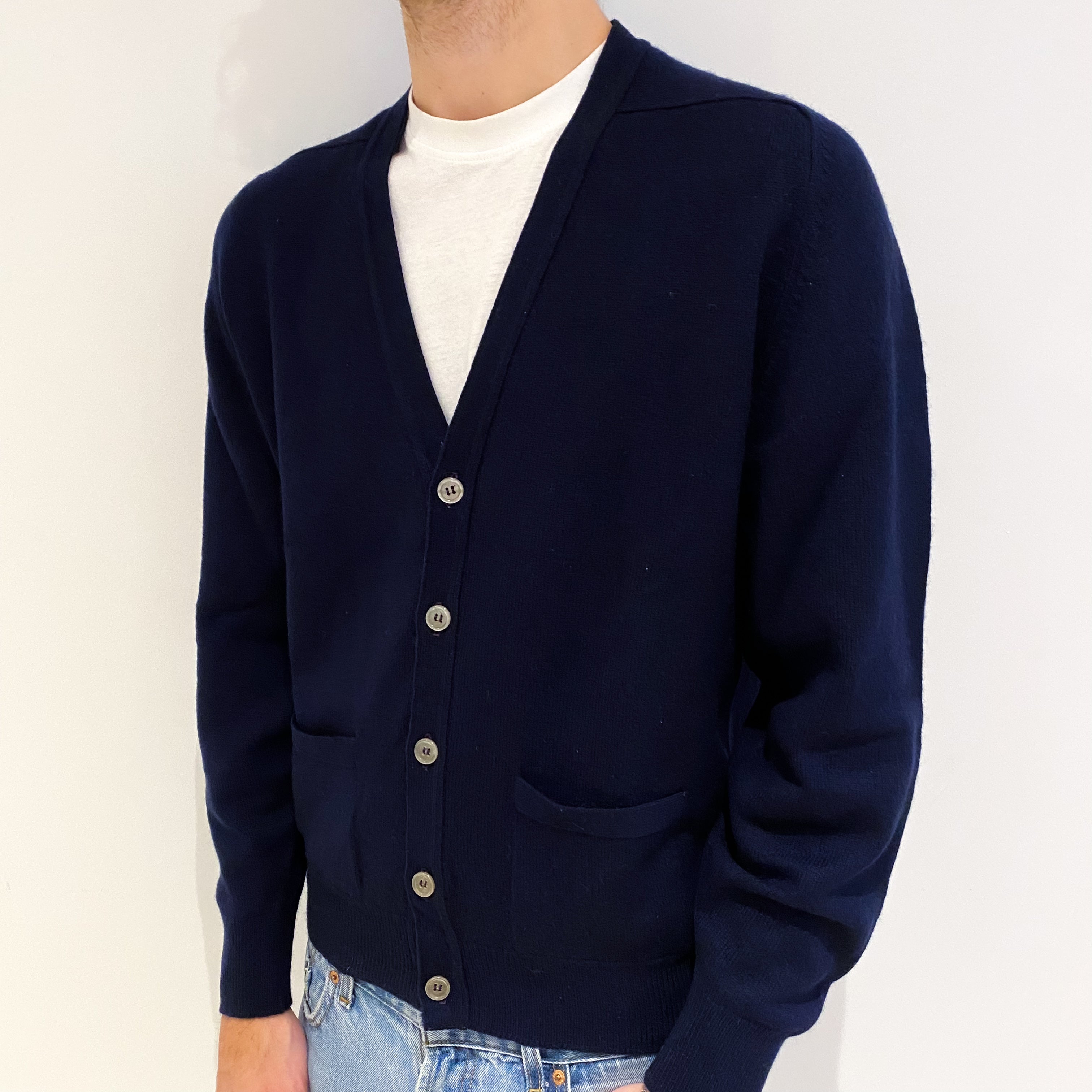 Men's Vintage Jay Bird Scottish Navy Blue Cashmere V Neck Cardigan Large